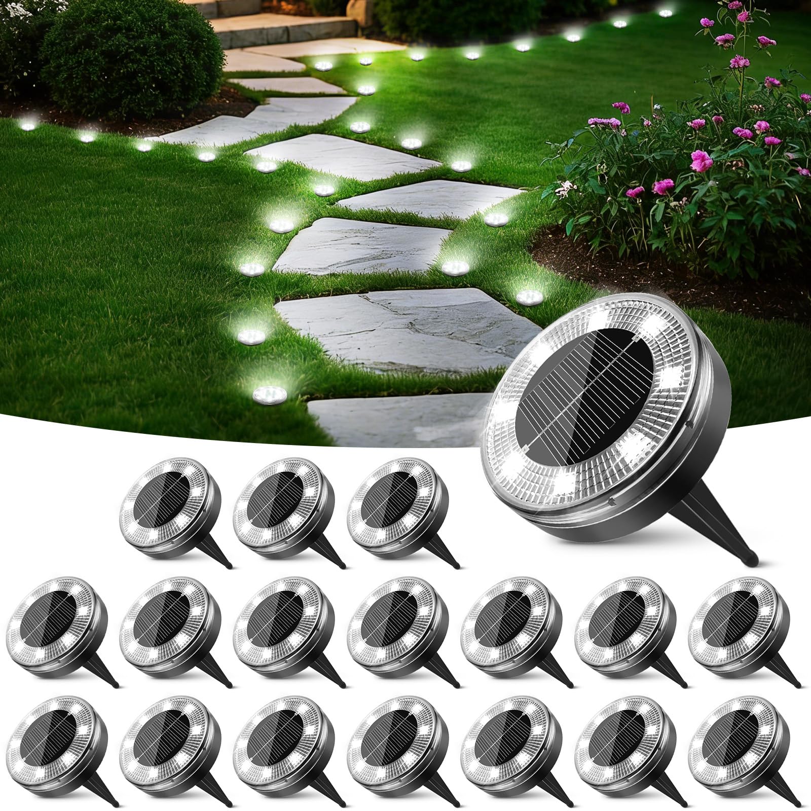 Peasur Mini Solar Ground Lights  18 Pack Flat Solar Disc Lights Outdoor Waterproof  2.3 Inch Small Solar Garden Lights Landscape Lighting for Outside Pathway Garden Yard Lawn Walkway Cool White