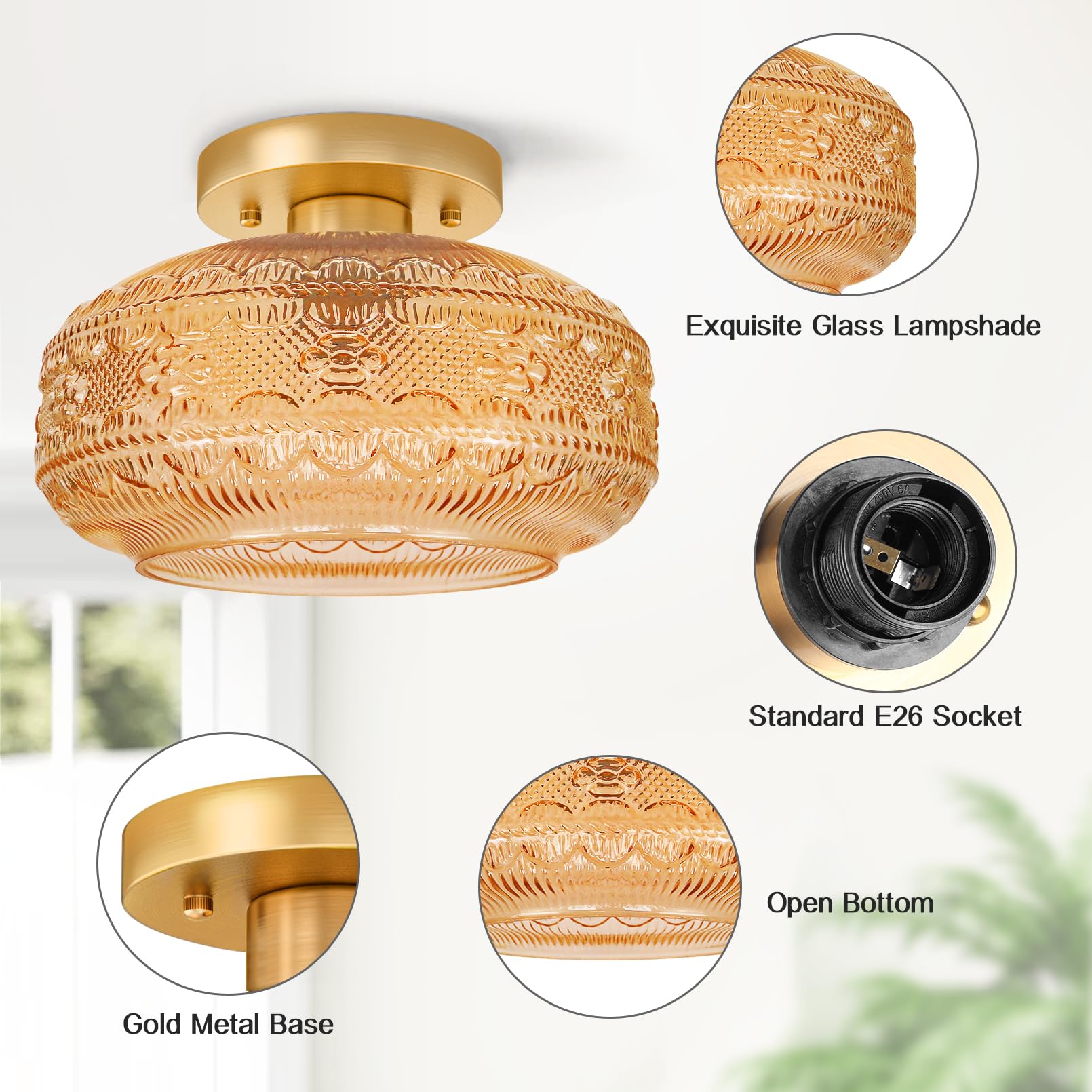 APOTO Semi Flush Mount Ceiling Light Fixture, Amber Globe Glass, Metal, 9.38 Inch - Vintage Farmhouse Pendant for Kitchen, Model 3028C-AMUS