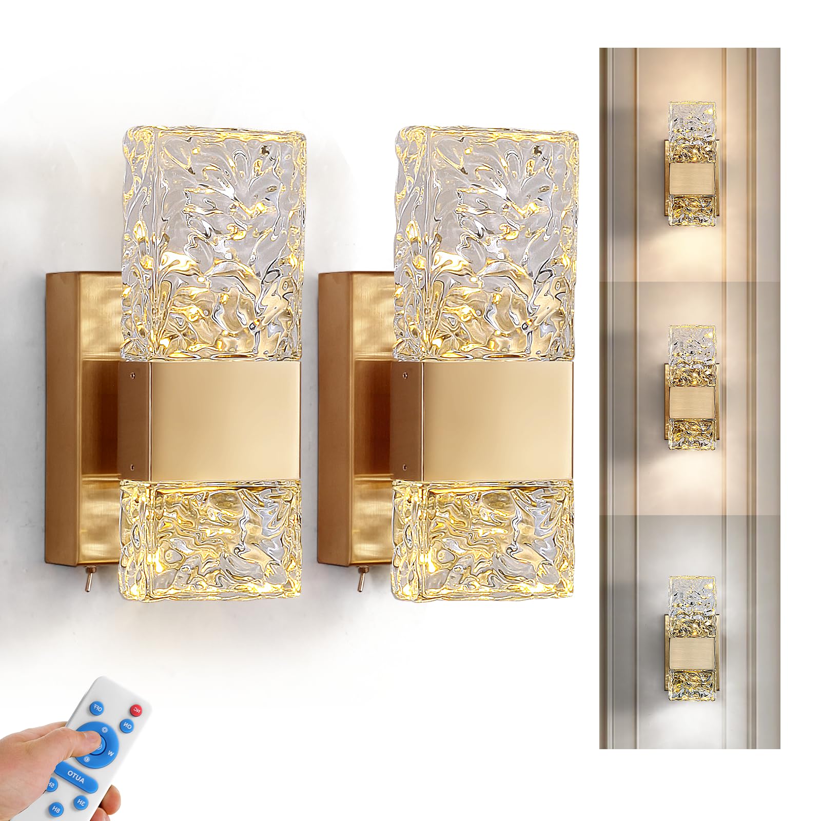 Camuucci Gold Rechargeable Battery Operated Wall Sconce, Remote Control Dimmable Lamp 2 Pack