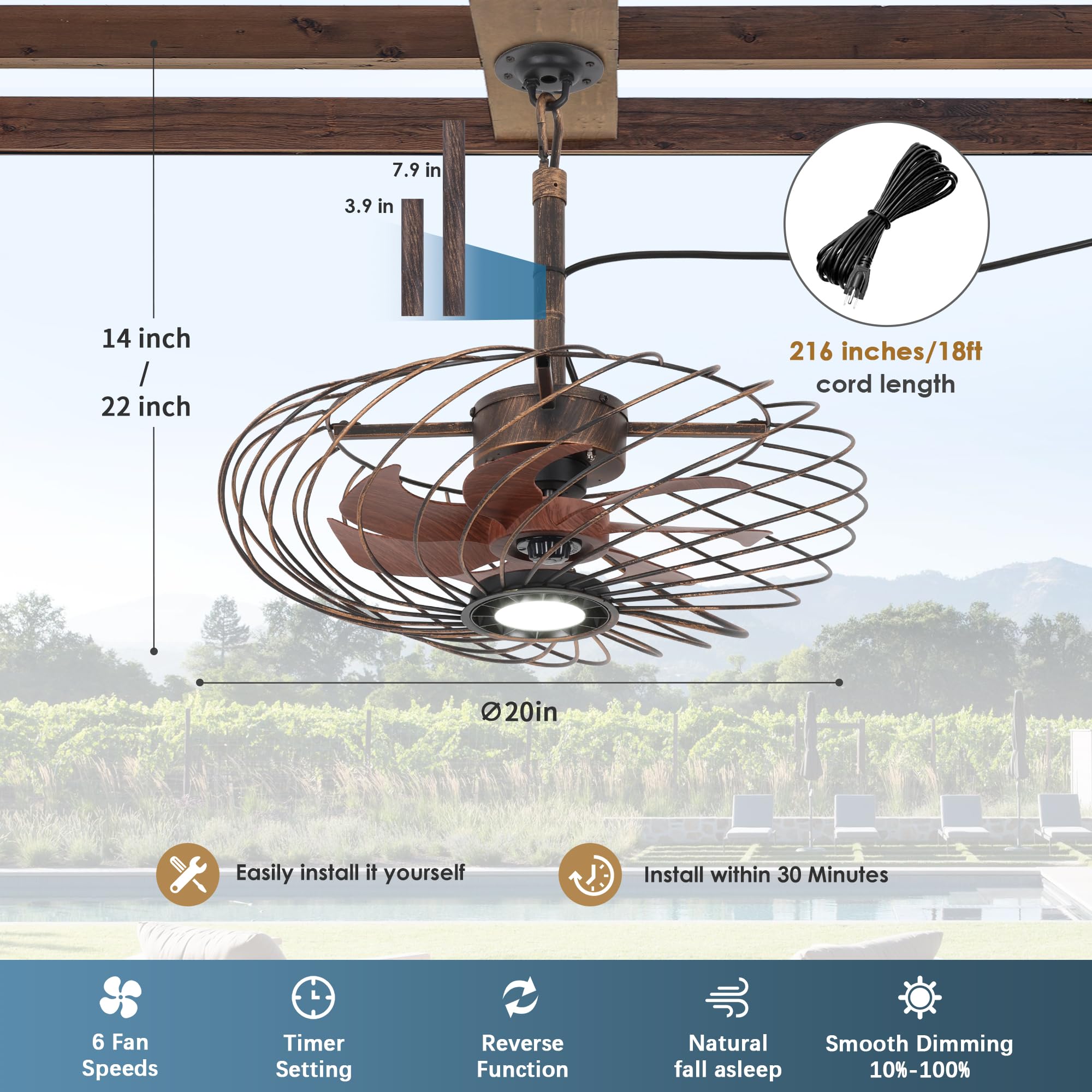 OSGNER 20in Outdoor Ceiling Fan with Light, Waterproof, Dimmable LED, Black Gold, Model F429-20-SG