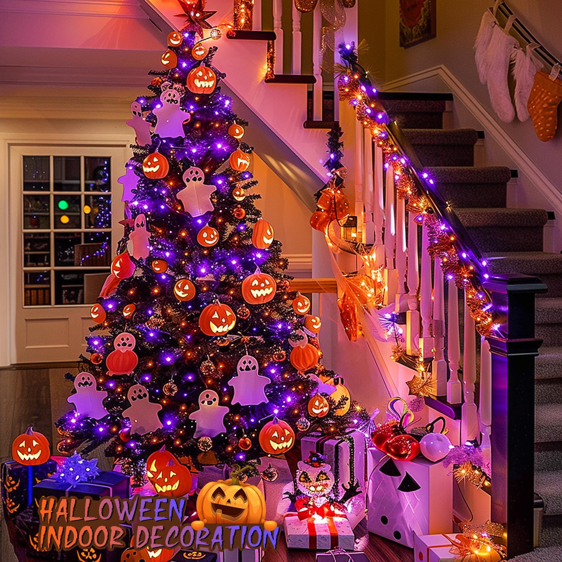 JMEXSUSS 600 LED Christmas String Lights, Orange and Purple, Clear Wire, Model EXS-S-0600