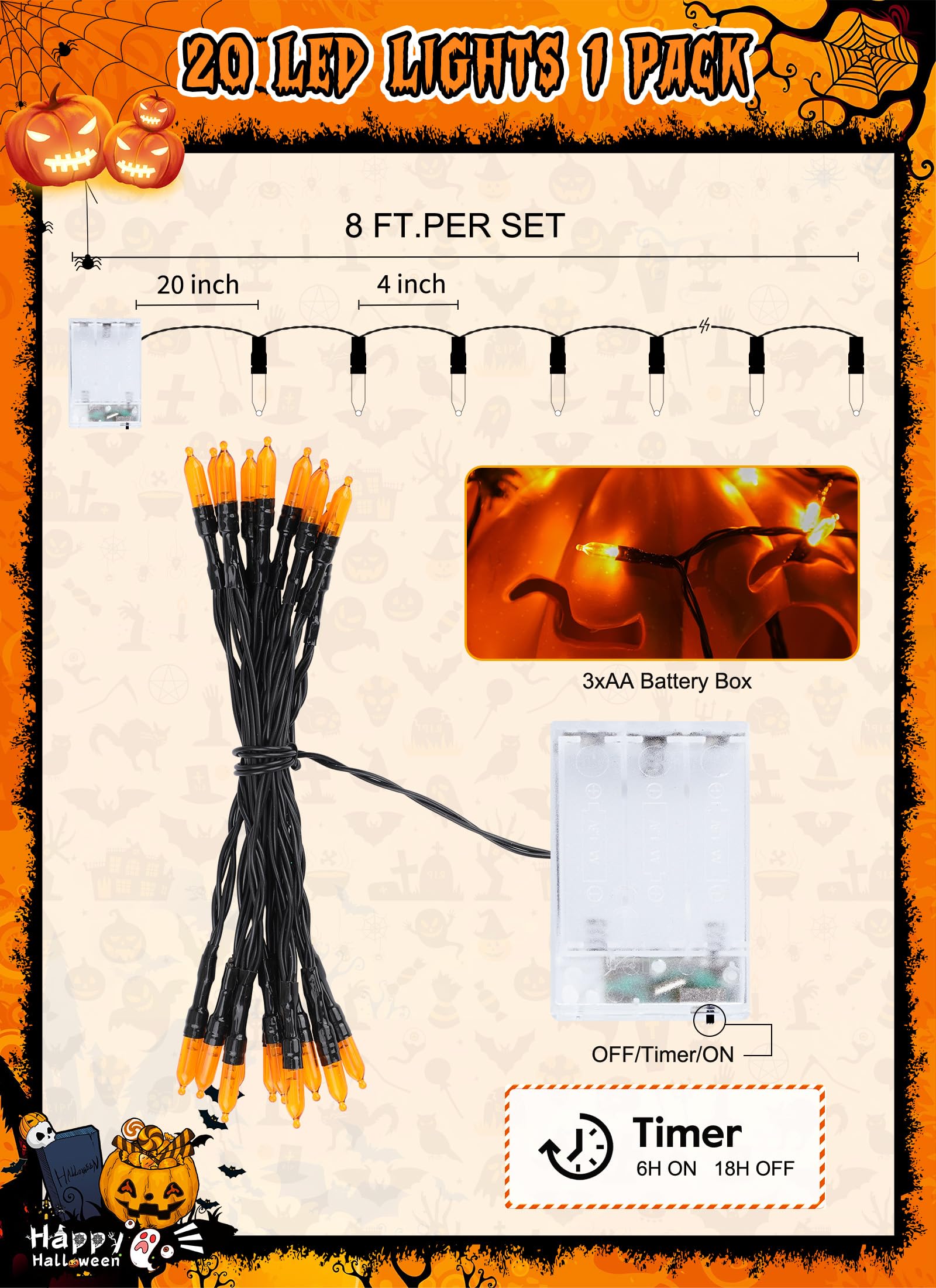 Brightown Battery Operated String Lights, 20 LED, 8 ft, Orange, Indoor/Outdoor, Timer, Halloween/Christmas Decor