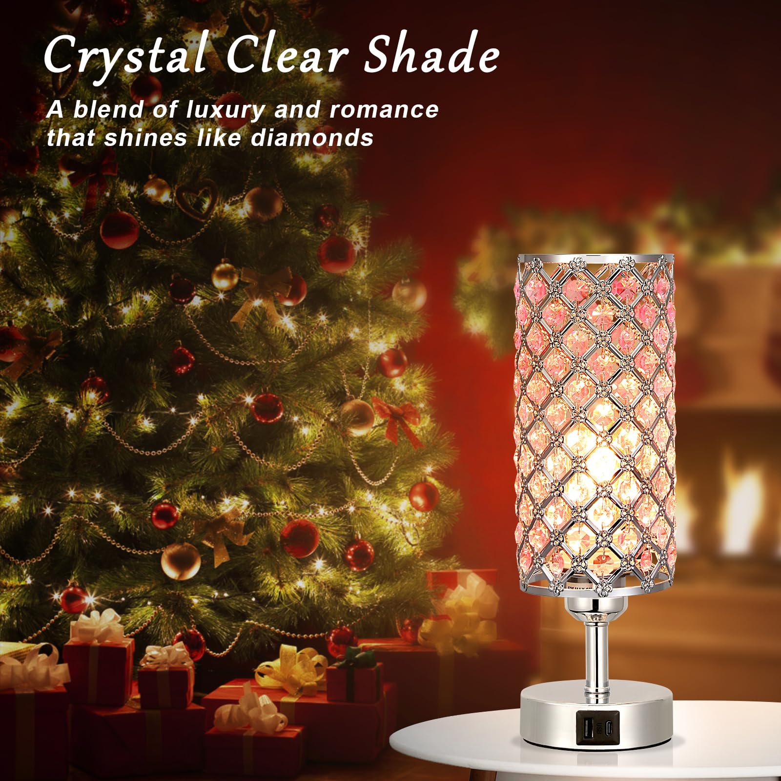 Hong-In Crystal Table Lamp, Pink Touch Lamp With Usb C+A Ports, 3 Way Dimmable Bedroom Light With Crystal Shade, Bedside Nightst