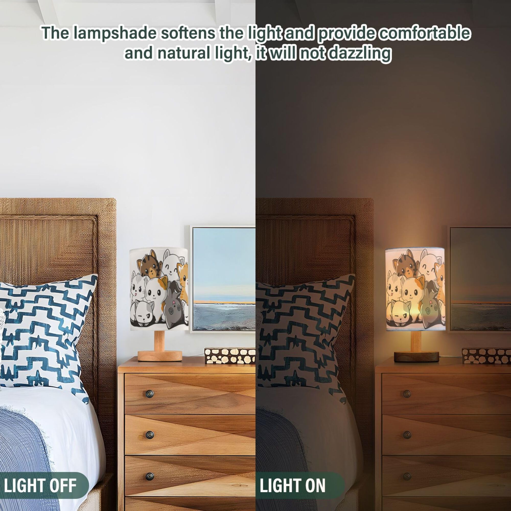 Yyzzh Table Lamp Cute Cartoon Cat Kitten Kitty Nightstand Lamp With Wood Base Fabric Lamp Shade Bedside Desk Lamp For Living Roo