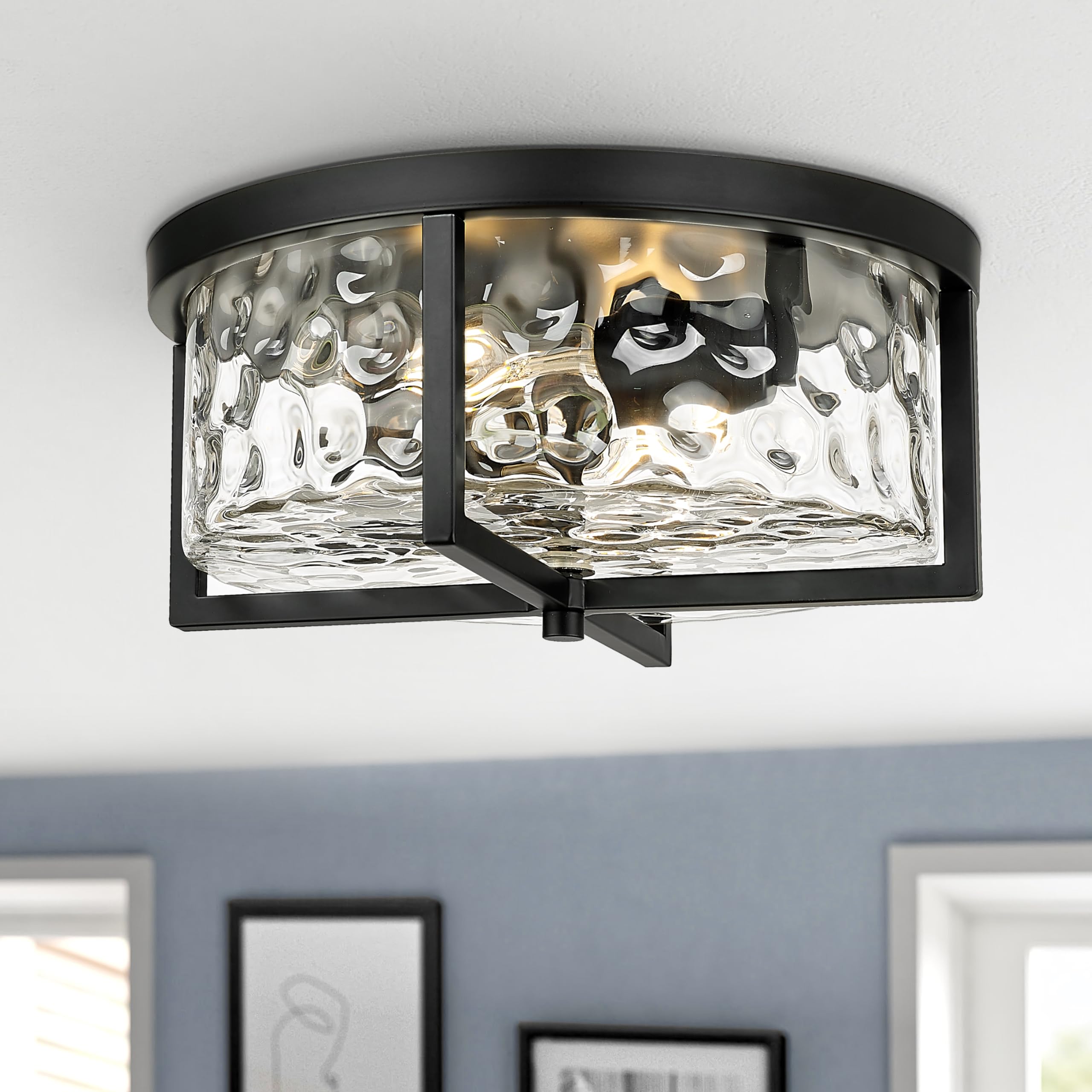 Odeums 13&quot; Hammered Glass Flush Mount Ceiling Light, Oil-Rubbed Bronze For Kitchen & Dining Room