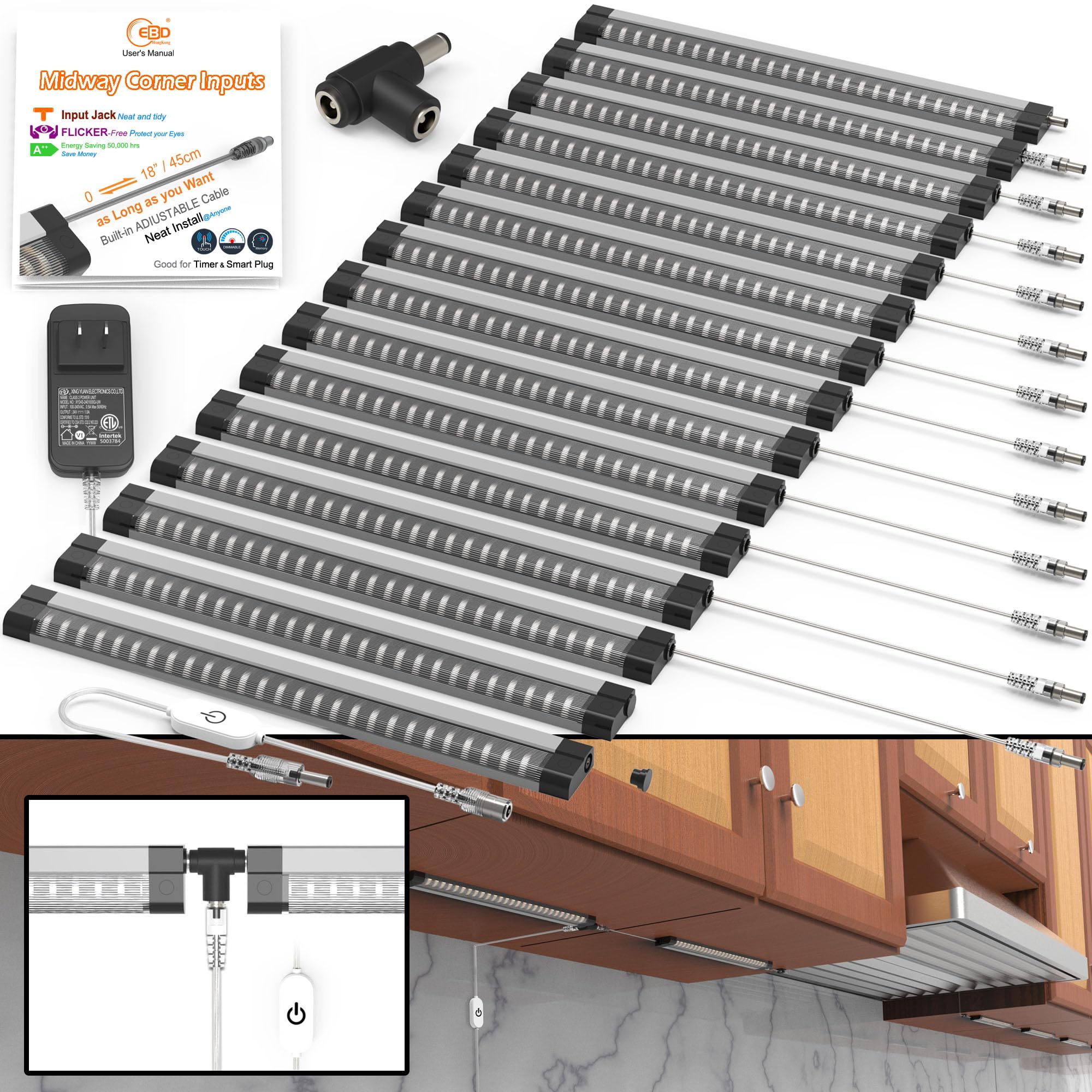 Ebd Led Under Cabinet Lighting For Kitchen Built-In Adjustable Cable & Mid Input Jack Bookshelf Plug In Light Bar 15 Pcs 6750 Lm 3000K Ultra Bright For Timer Smart Plug Alexa Google Assistant & Siri