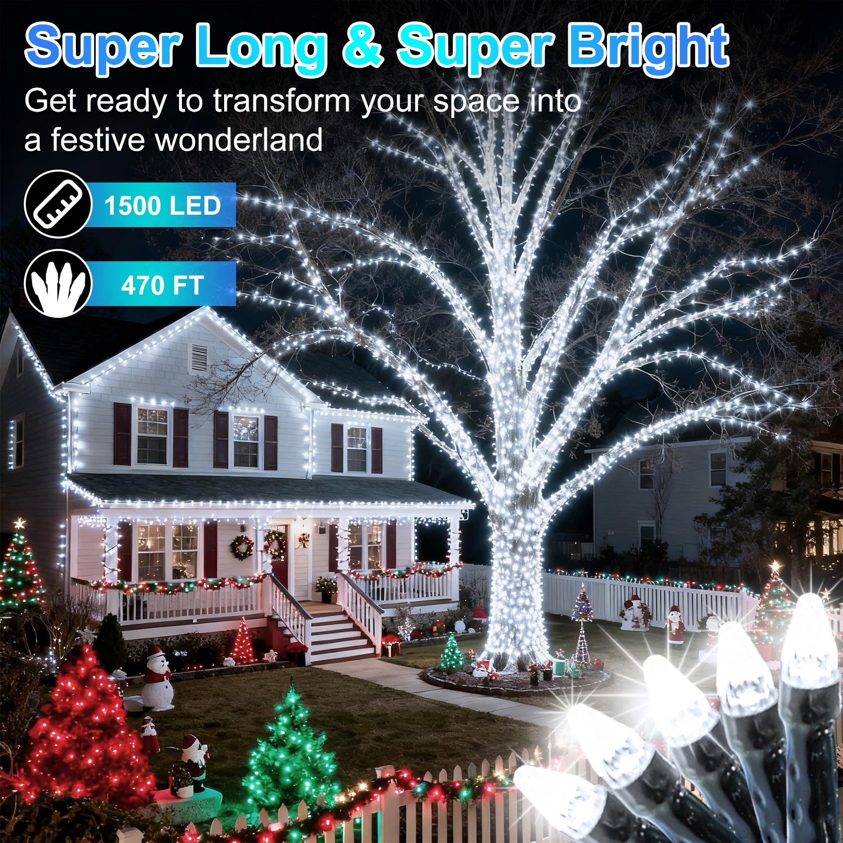WUXYIYANG 1500 LED Christmas String Lights, 470FT, Cool White, Waterproof, 12 Modes, Dimmable, Dark Green Wire for Outdoor Decor