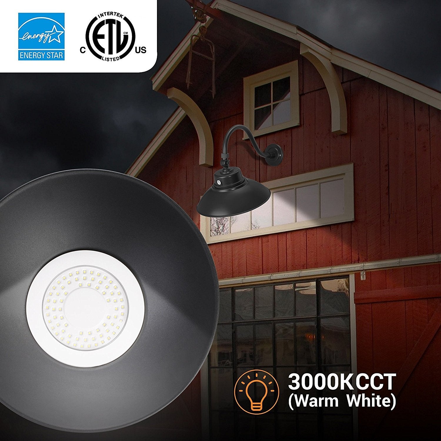 14in. Black Gooseneck Barn Light LED Fixture for Indoor/Outdoor Use - Photocell Included - Swivel Head - 42W - 3800lm - Energy S