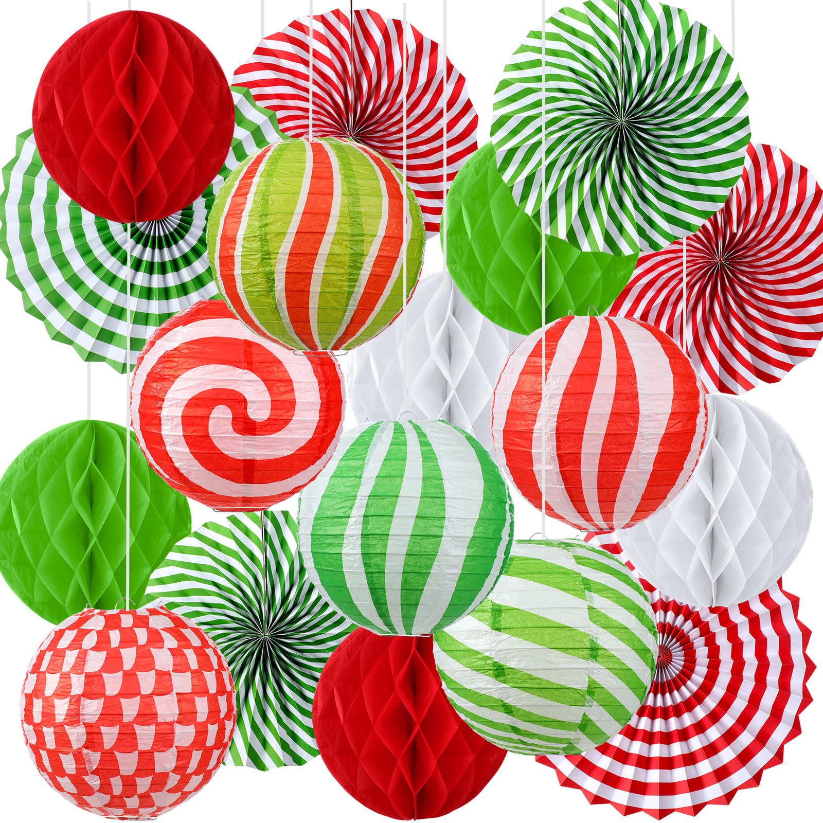 Retisee 18 Pcs Christmas Hanging Paper Lanterns Party Decorations Candy Canes Peppermint Paper Fans Xmas Hanging Honeycomb Ball 