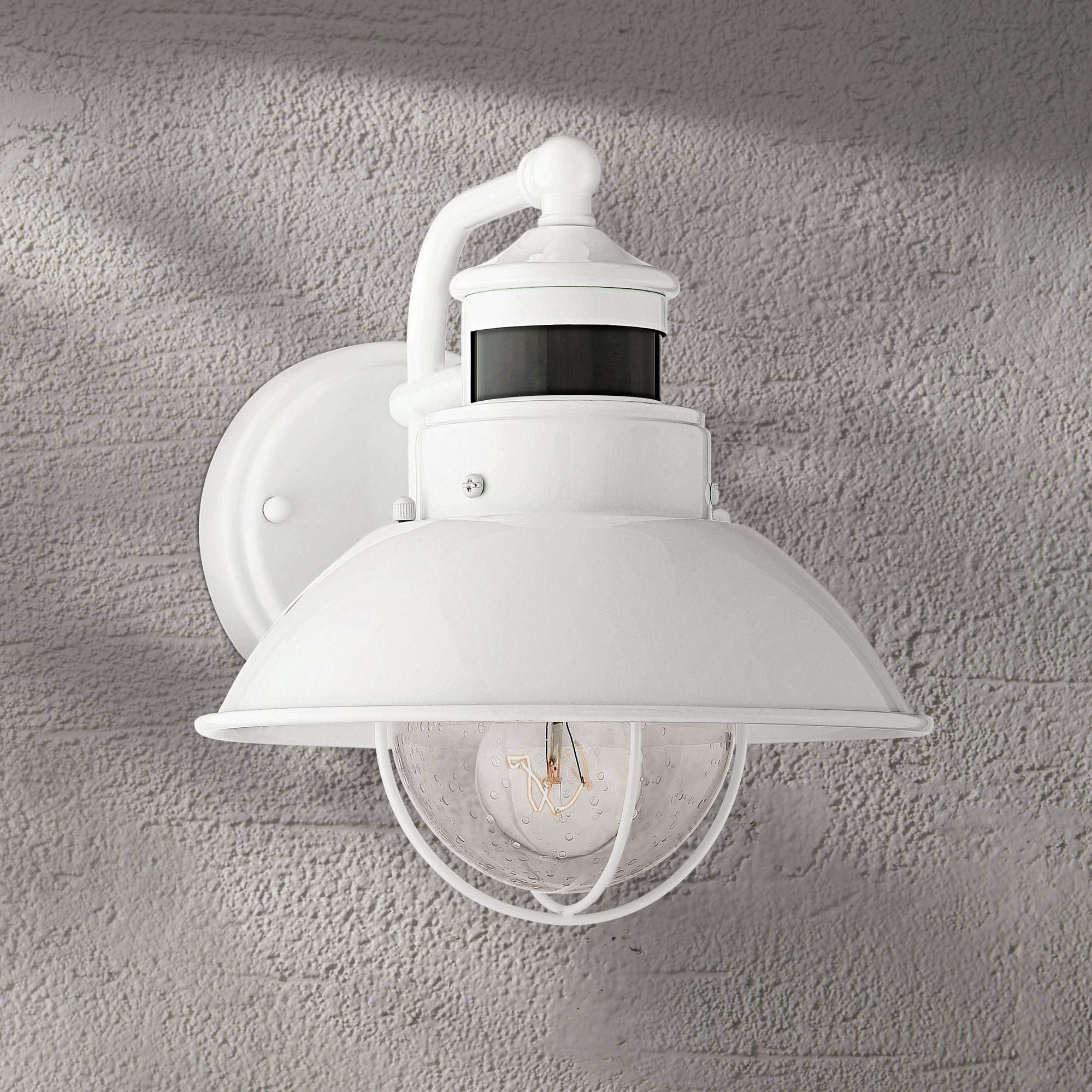 John Timberland Outdoor Barn Light Fixture, 9in Clear Seedy Glass, White, Dusk to Dawn, Motion Sensor, Model A80672P