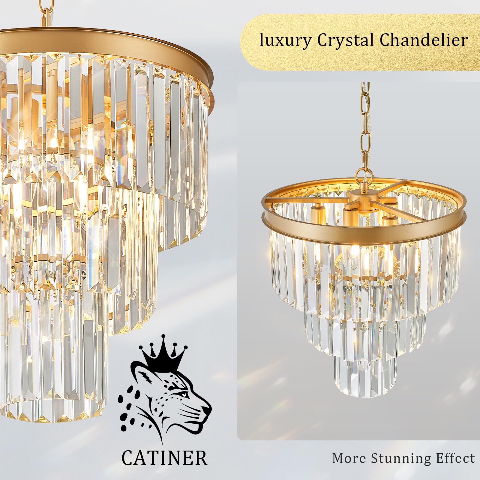 Catiner Gold Crystal Chandeliers 16'' Modern 6-Light Small Pendant Light Luxury 3 Tiers K9 Crystal Ceiling Pendant Round Light F