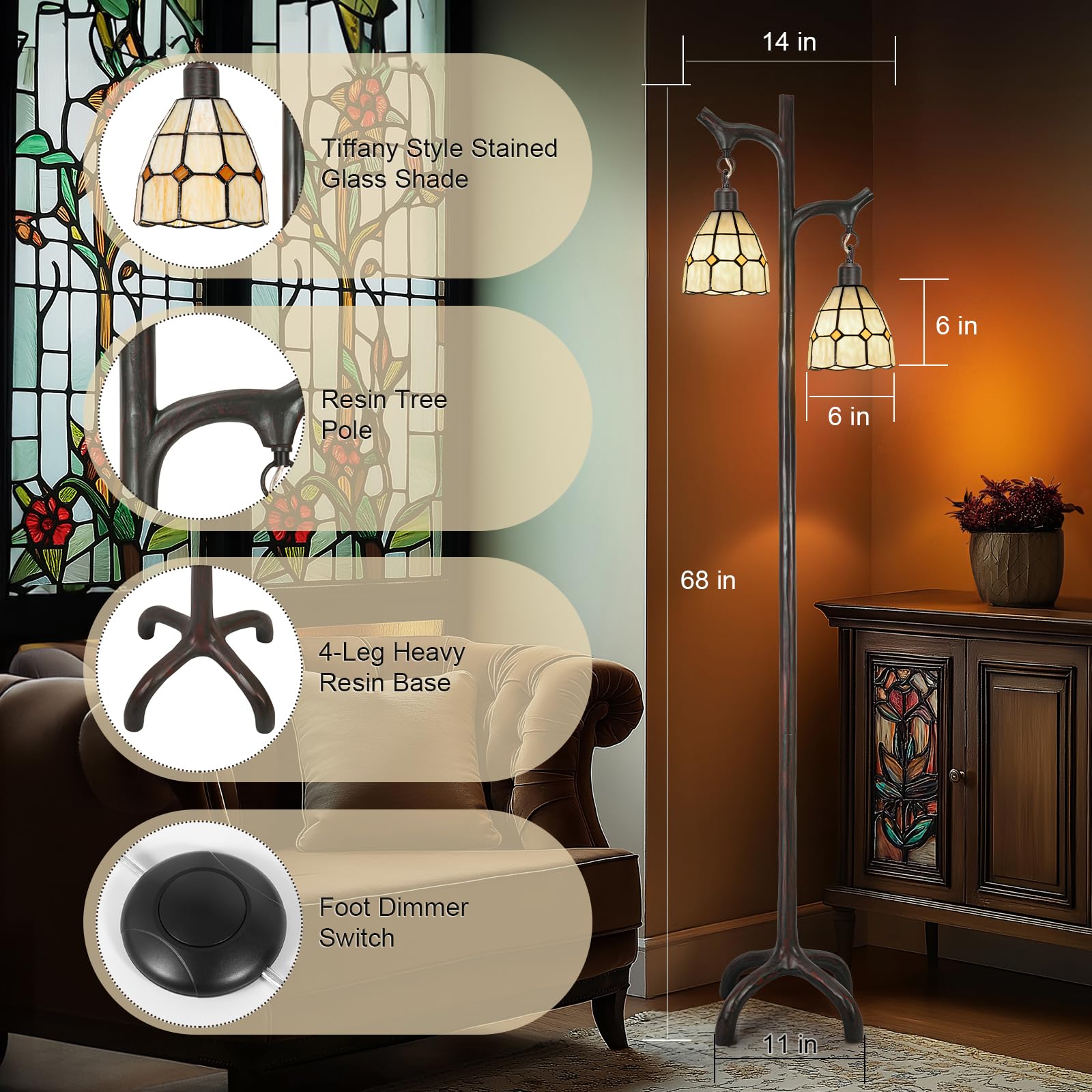 68'' Tiffany Style Stained Glass Floor Lamp For Living Room,Modern Industrial Vintage Standing Floor Lamp For Bedroom,Stepless D