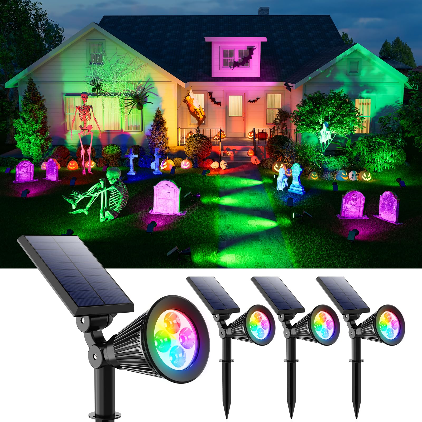 4 Pack Color Changing Solar Spotlights Outdoor For Decorations, Tree, Statue, House Wall, Super Bright Waterproof Solar Lanscape Spot Lights Uplighting For Outside, Yard, Garden, Adjustable Brightness