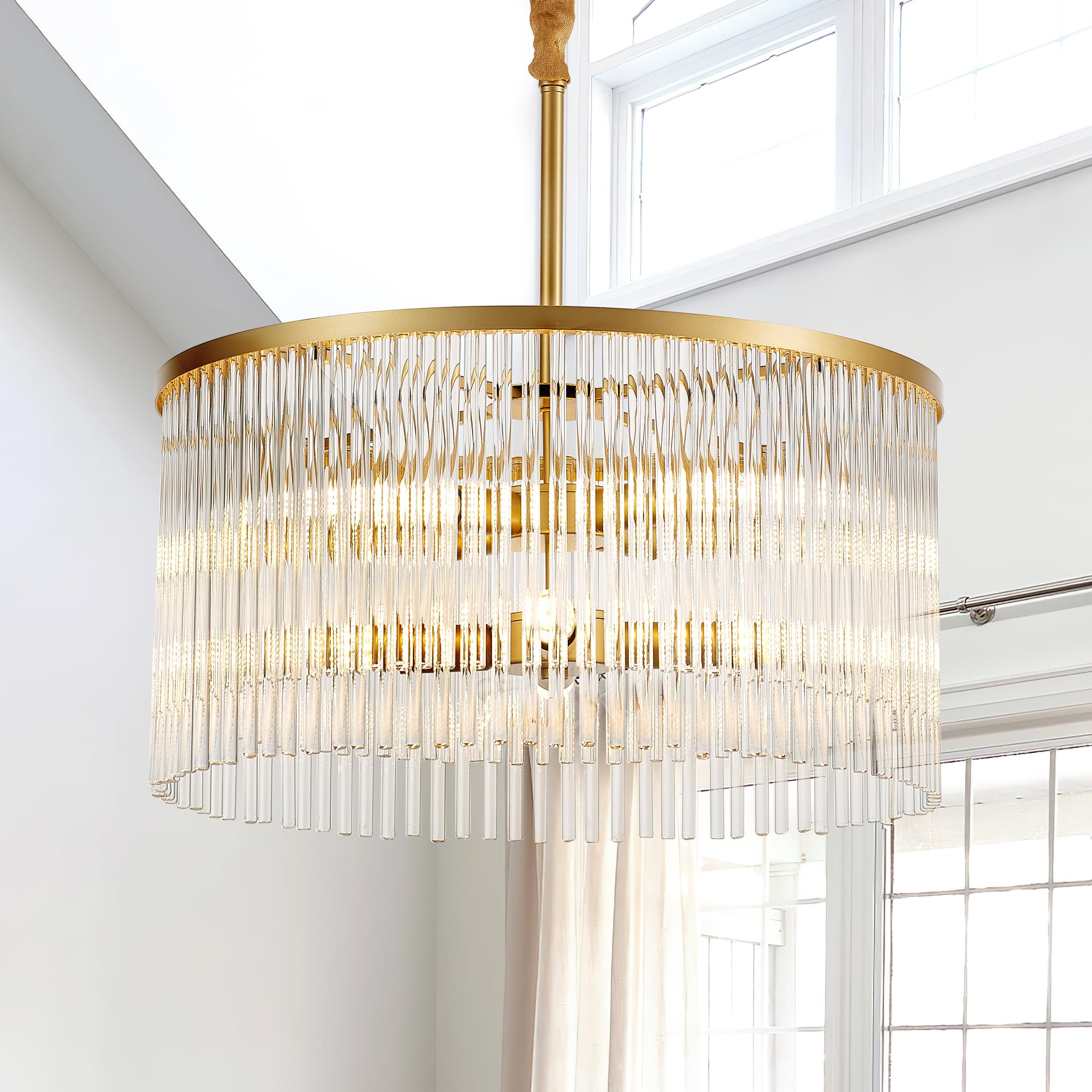 TACDANDM 20.47 Round Glass Chandeliers Dining Room Gold Modern Glass Chandelier 8-Lights for Living Room Kitchen Island Entryway Foyer Stairway UL Listed Drum Light Fixture with Crystals