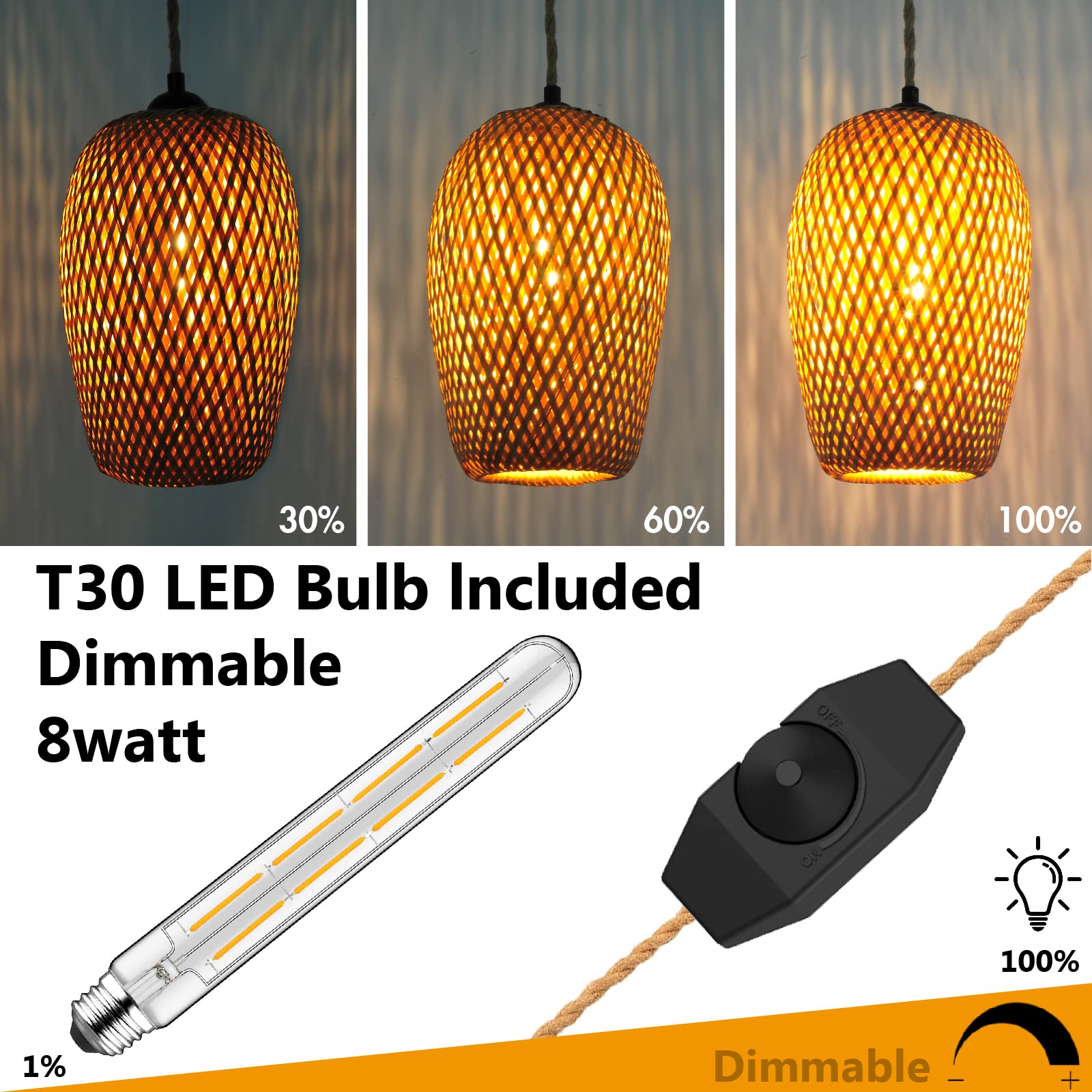 Yiizon Plug In Pendant Light Handwoven Bamboo Pendant Lamp Boho Modern Wicker Hanging Lights Rustic Country Natural Basket Hanging Lamp For Kitchen Study Bedroom Cafe 1Pack