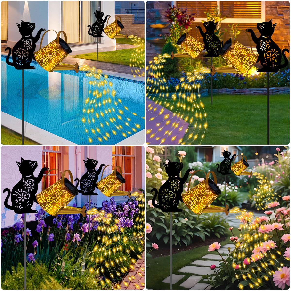 Solar Lights Outdoor Decorative  Watering Can With Cascading Lights  With Cat Silhouette Garden Stakes  Waterproof Metal Garden Decor For Yard Art  Outside  Patio  Lawn Ornaments 2Pack