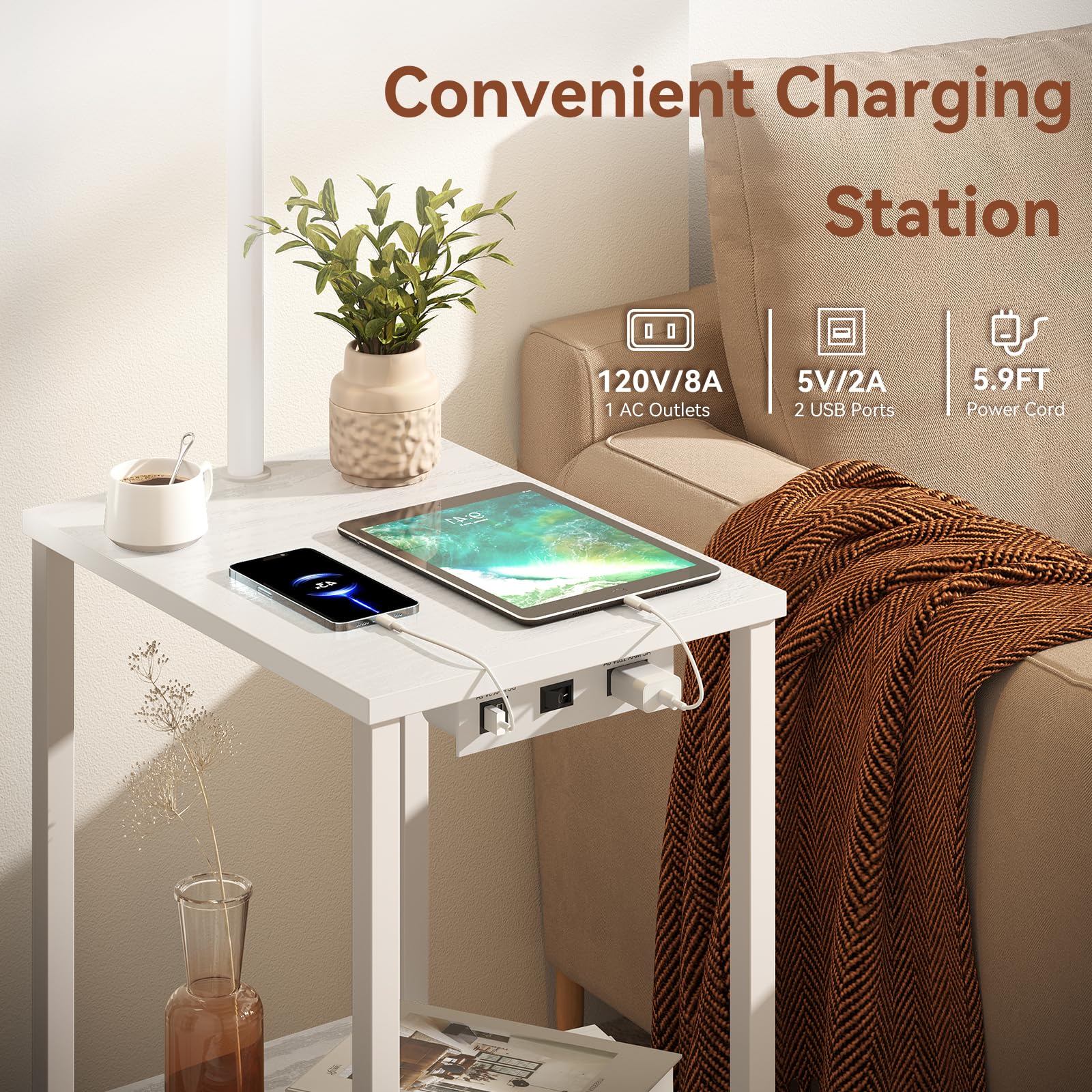 SUNMORY Floor Lamp with Table, 15.75" x 11.81" Pure White Wood, USB & AC Charging, Modern LED Nightstand for Living Room & Bedroom, Model PFL