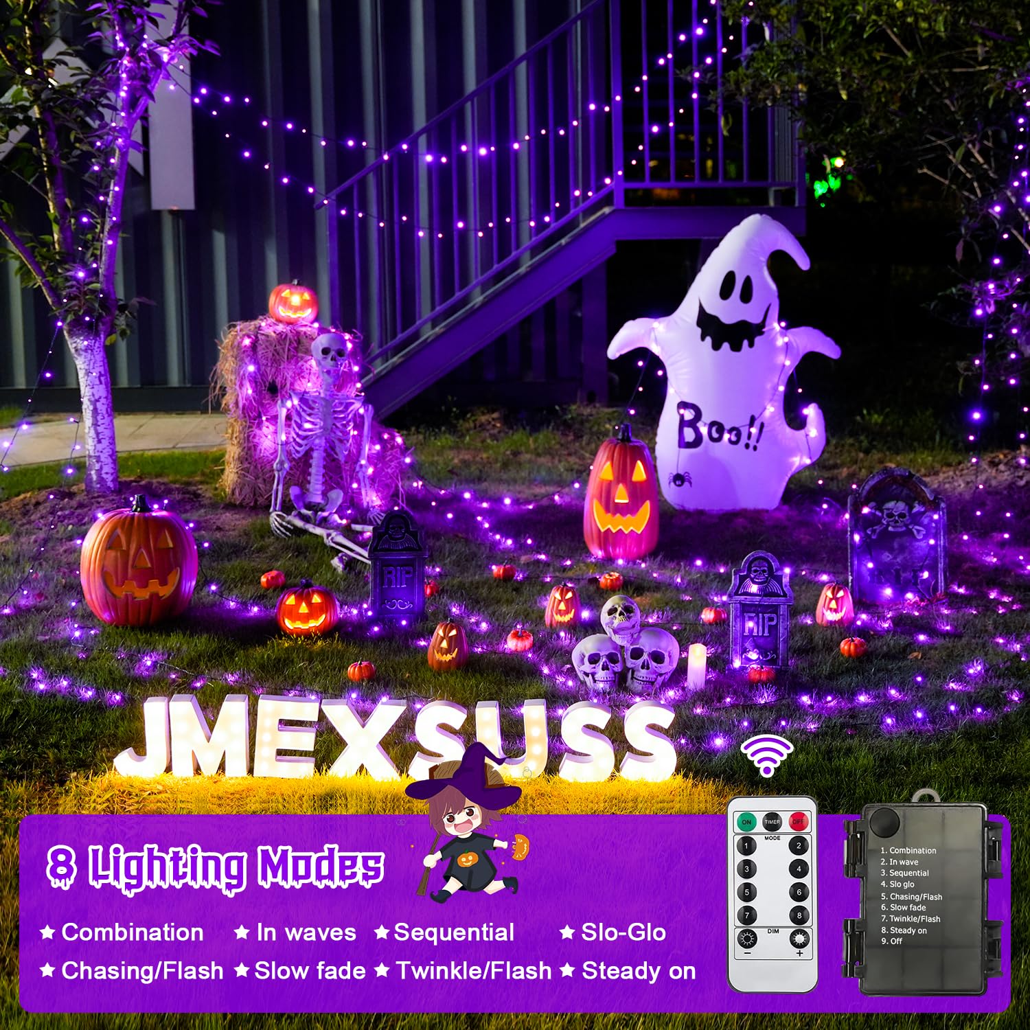 JMEXSUSS Purple Halloween Lights, 100 LED String Lights, 2 Pack, 33 FT, Waterproof, Indoor/Outdoor Decor, Model JMB-S-0100