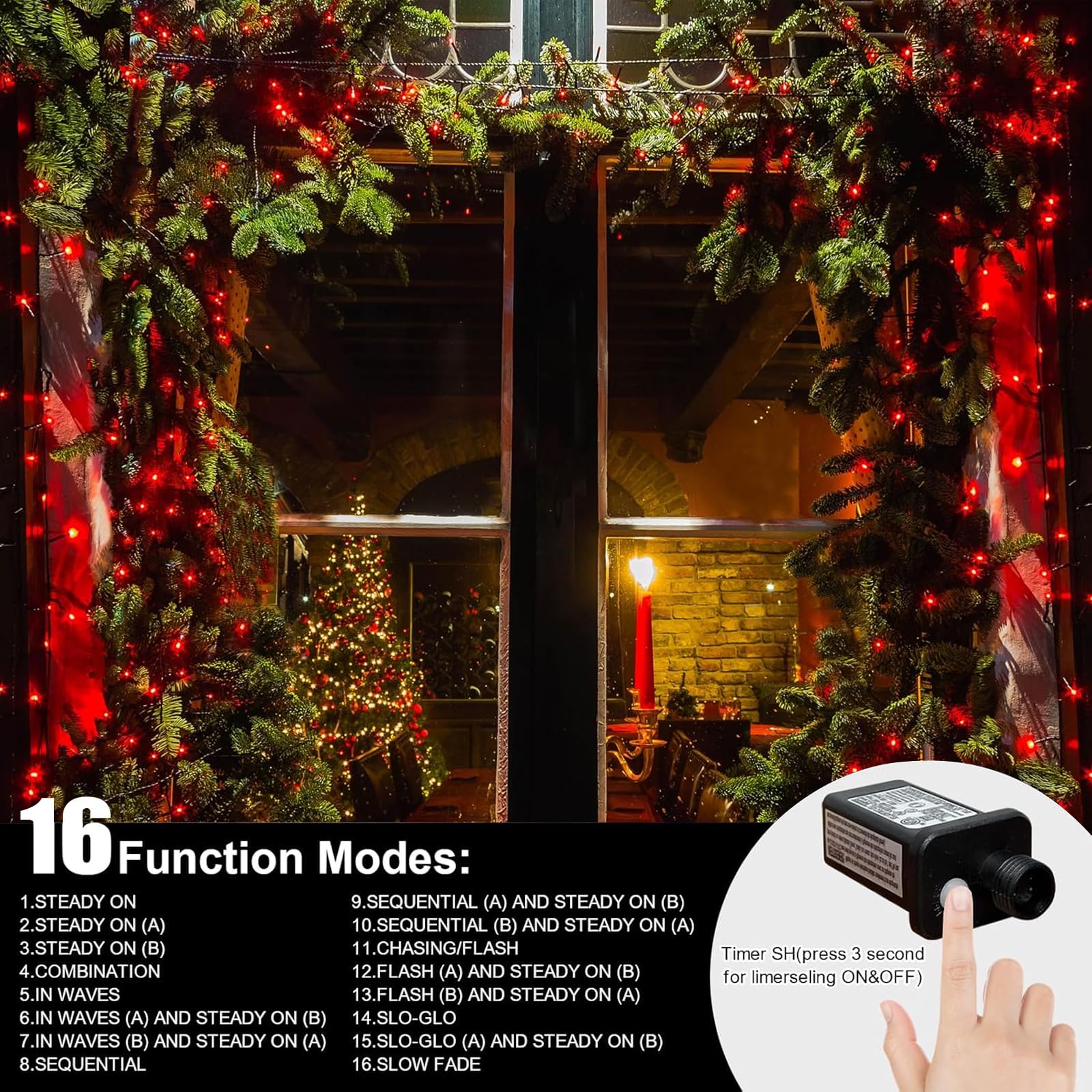 LAMPHOME 100 LED Mini Christmas String Lights, 33ft Transparent Wire, 11 Lighting Modes, Red, Model YHLL-100F