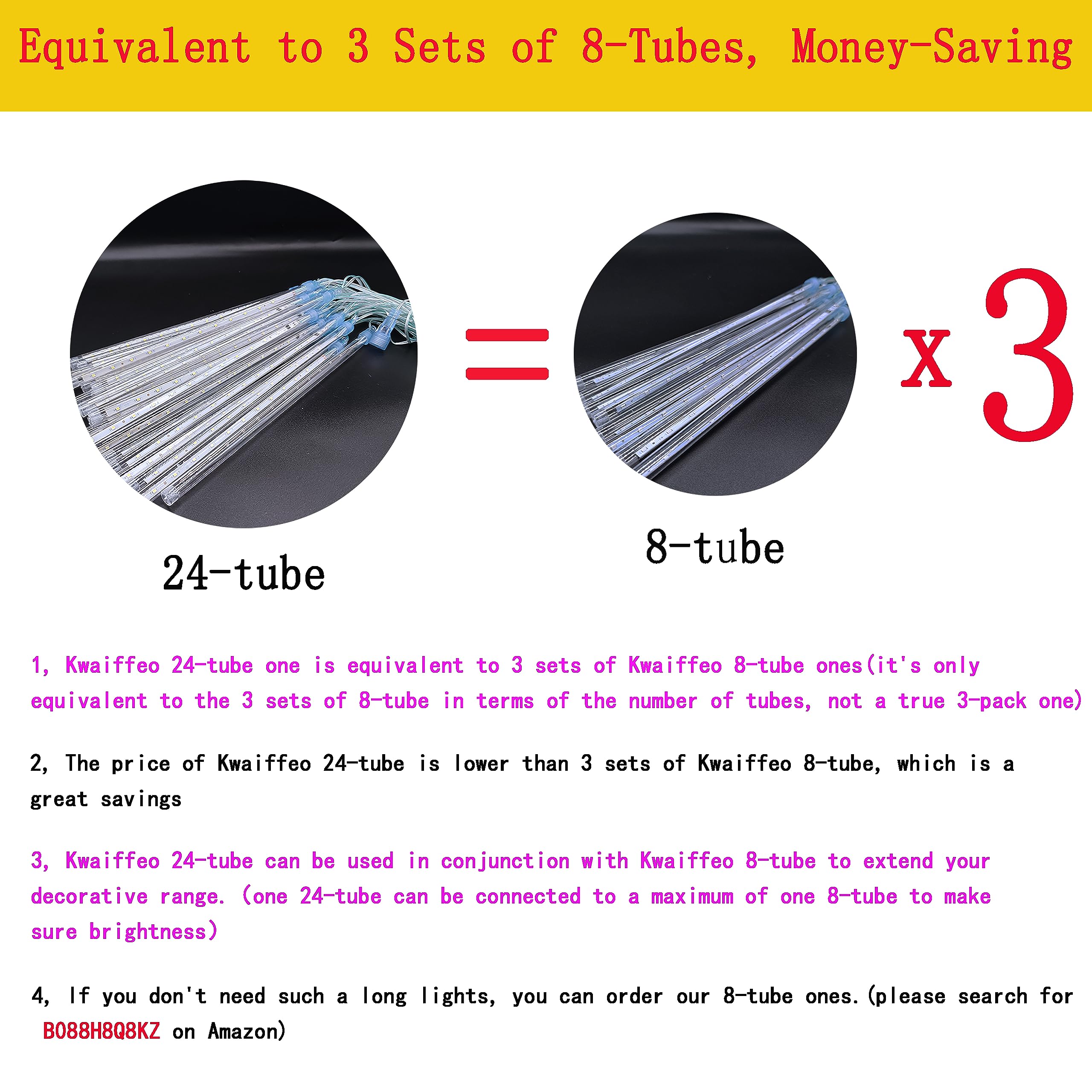 Kwaiffeo Meteor Shower Lights, 24 Tubes, White, Outdoor Christmas Decoration, UL Plug, 40CM Model