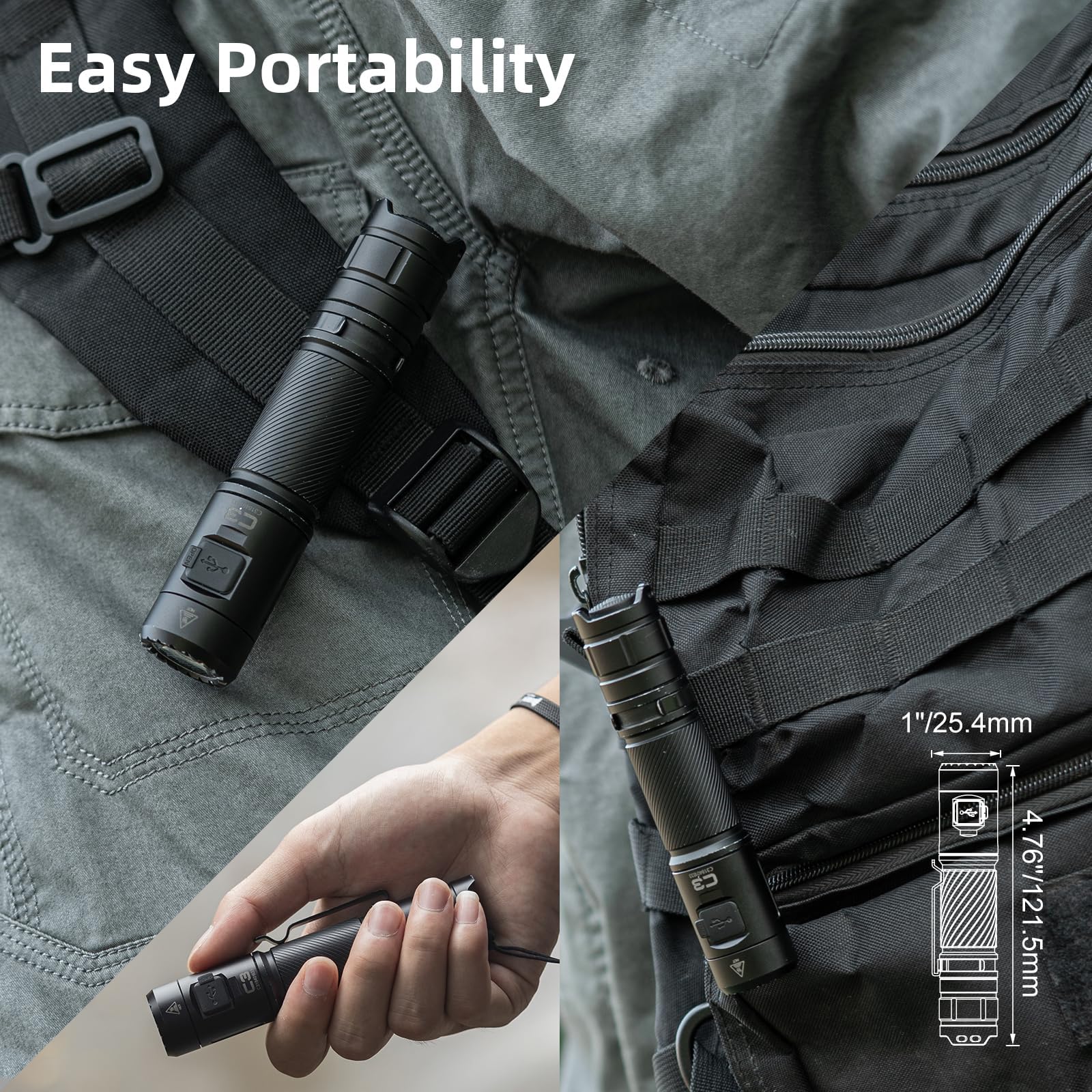 WUBEN C3 Rechargeable Flashlight 1200 Lumens LED Tactical Light, IP68 Waterproof, Gray Aluminum, 6 Modes for Camping & Emergency