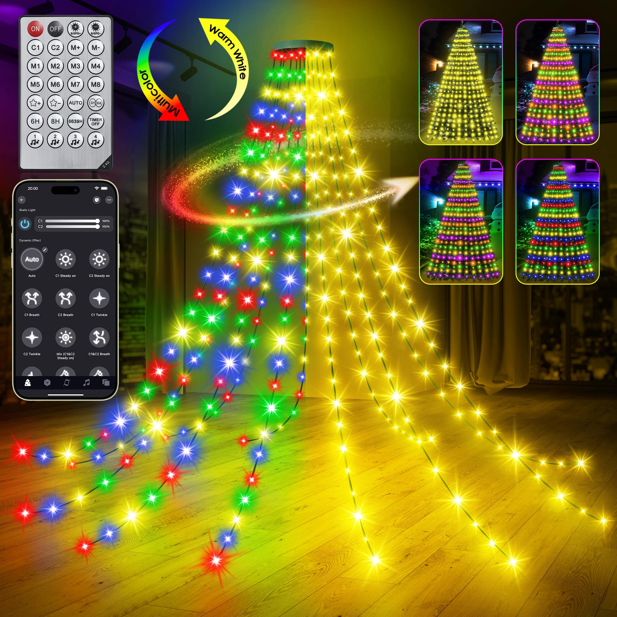 Crebricy 30+ Modes Ring Christmas Tree Lights Indoor Outdoor - 7.5Ft X 12 Lines 336 Led Easy App Control Color Changing Timer Remote Waterproof For 6 7 Ft Xmas Trees (Warm White To Multicolor)