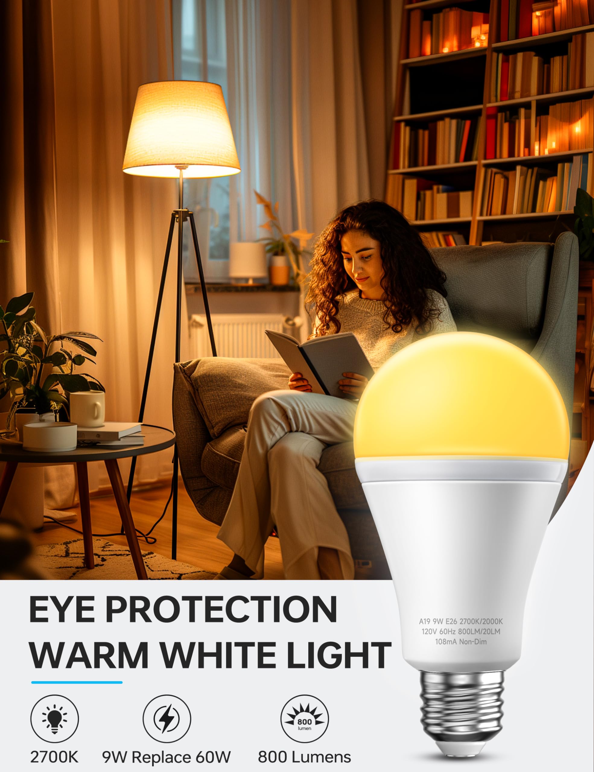 Kindeep Light Bulbs, E26 Blue Light Blocking Dim Bulbs With 2 Modes, 0.5W Amber Light With 20Lm 2000K, 9W Equivalent 60W, 800Lm