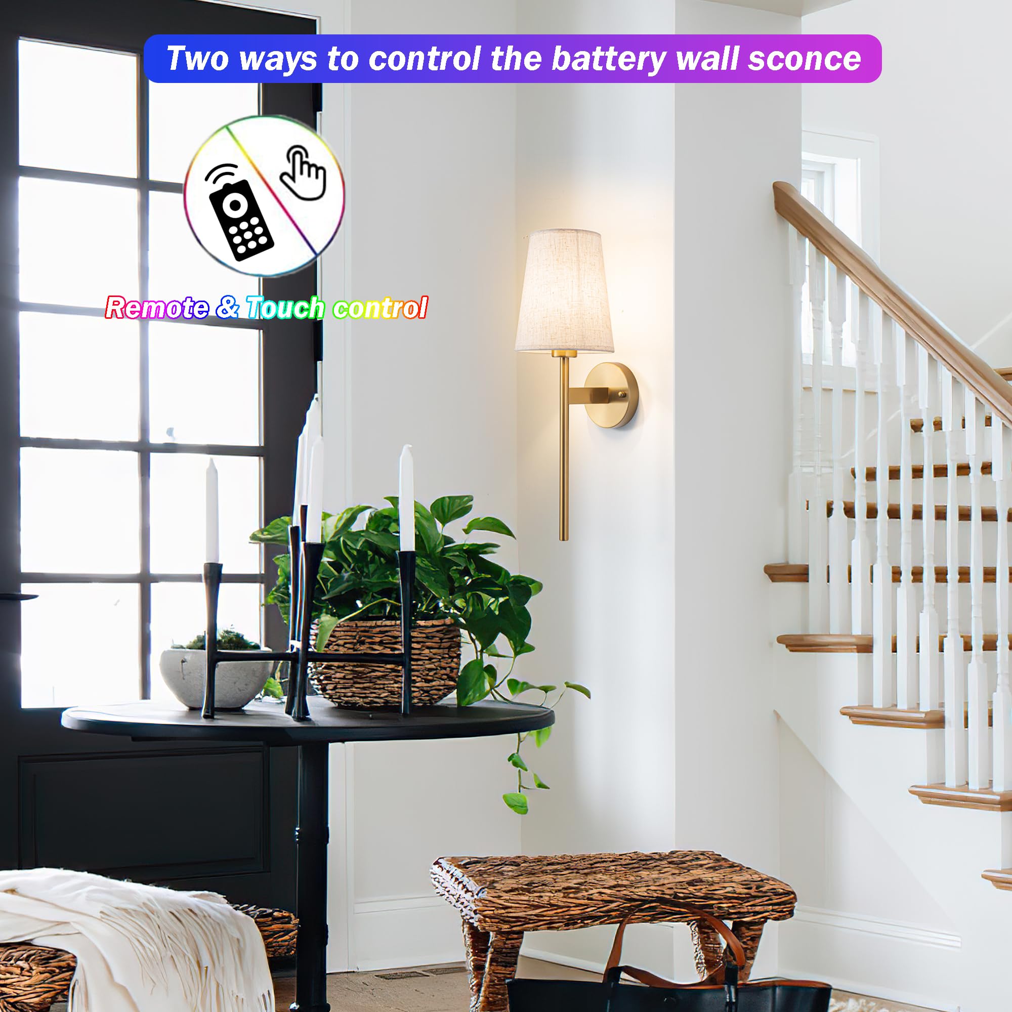 Nekhung Battery Operated Wall Sconces Set Of 2, Wireless Wall Sconce With Remote, Battery Operated Wall Lights Fabric Shade, 50 Hours Long Life Rechargeable Blub Rgb Dimmable,Perfect Indoor Lighting