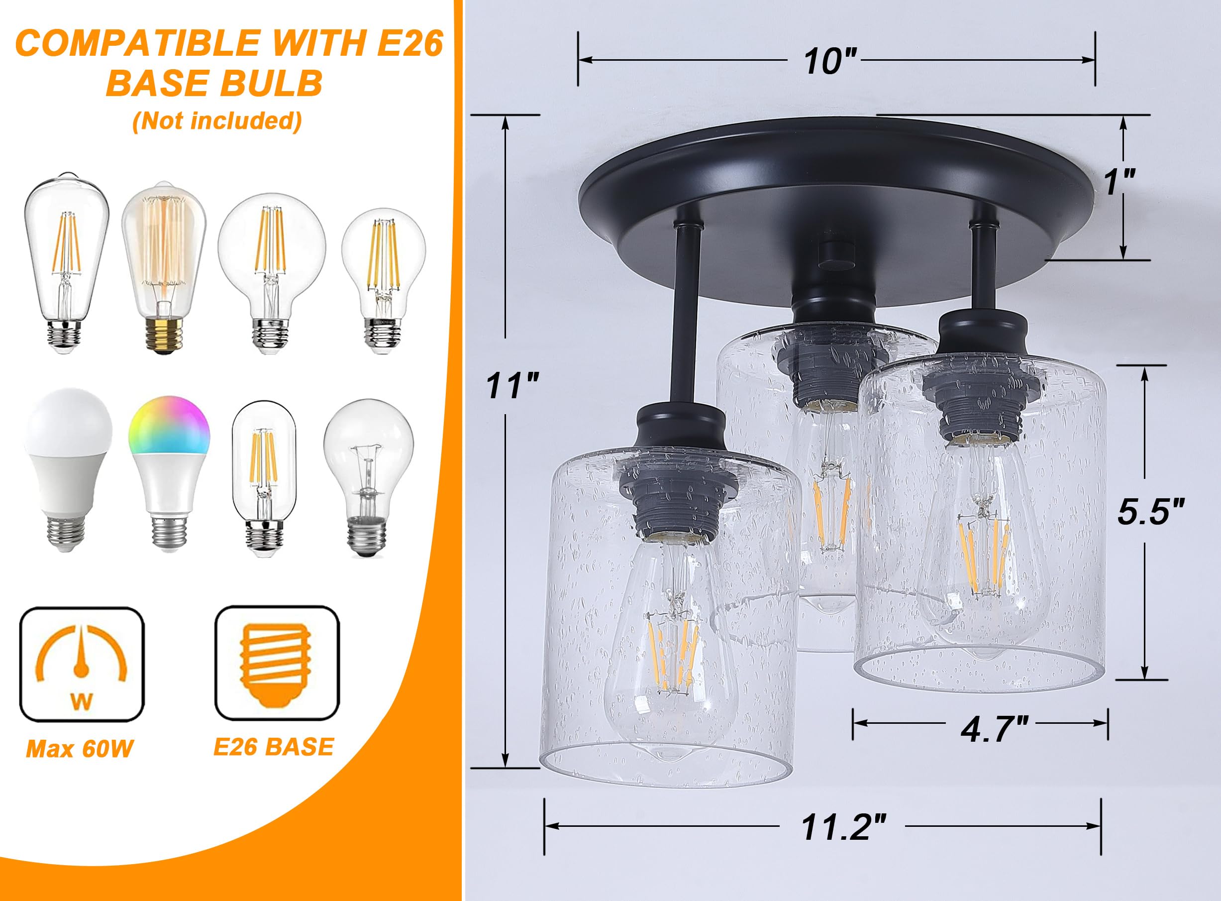 Winsmart Semi Flush Mount Ceiling Light, Matte Black Kitchen Light Fixtures Ceiling Mount With Seeded Glass Shades, 3-Light Clos