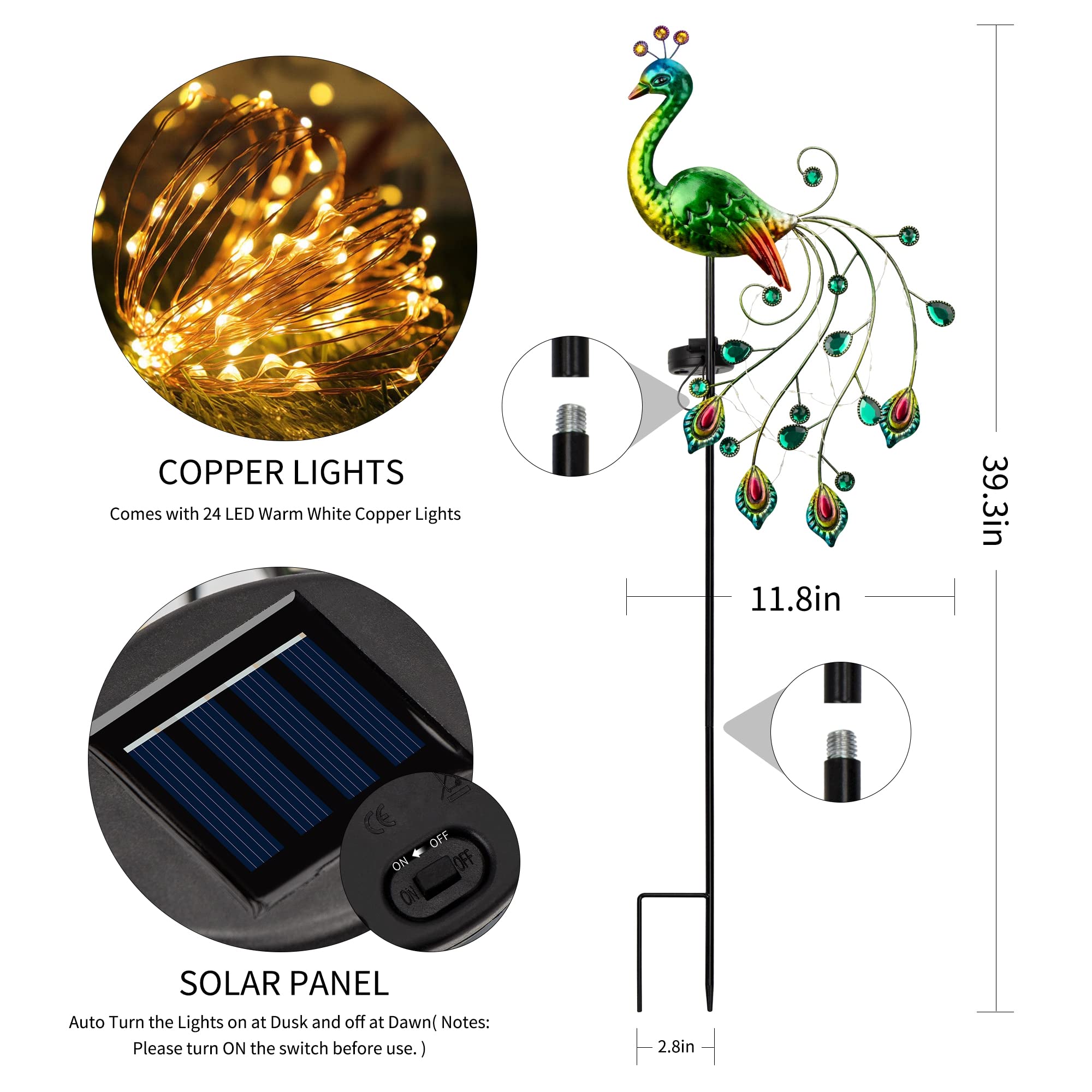 Glintoper Solar Garden Lights, 39 Peacock Metal Stakes, Warm White Waterproof Path Ornaments For Patio & Yard Decoration