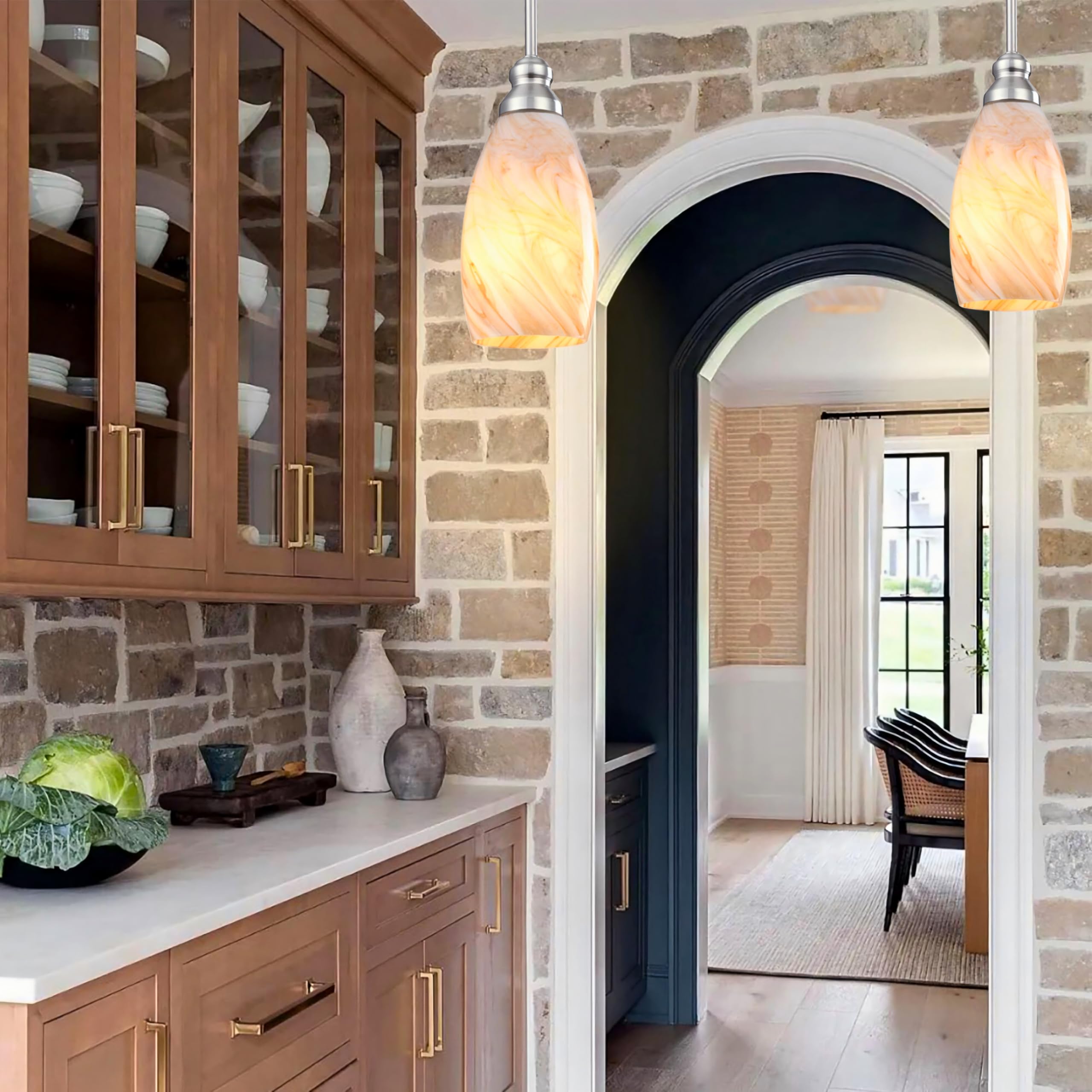 Go&So Honey-Bronze Gradient Flow Pendant Light Shade  7.8H Oval Fixture  1.57 Fitter  2 Pack Kitchen Pendant Lighting Over Island -Hand-Blown Fluid Line Texture For Chandelier Replacement Shades Set