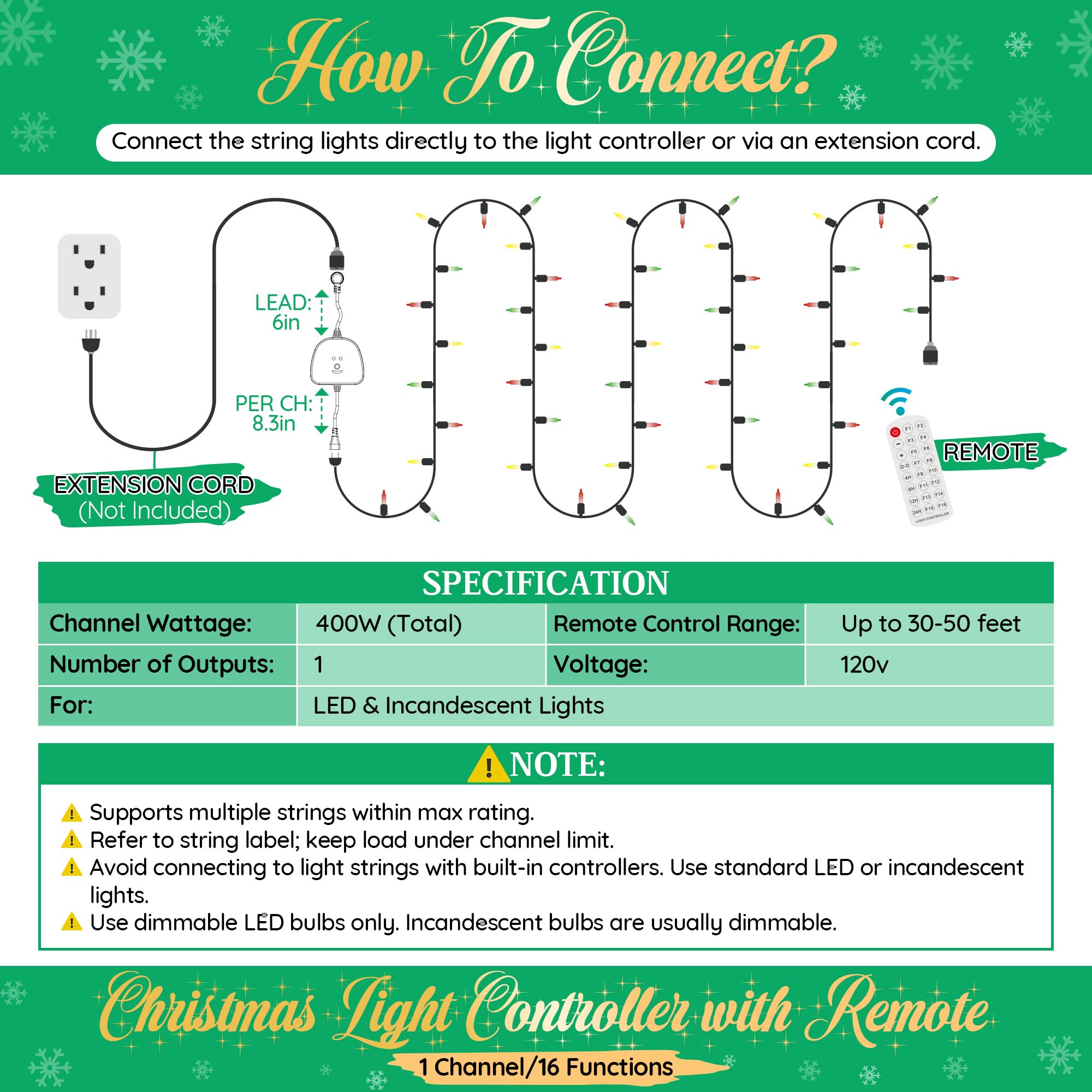 Gulfmew Christmas Light Controller, Remote, Timer, Dusk to Dawn, 23.6" Waterproof, Black, Model TD-Gulfmew-1038