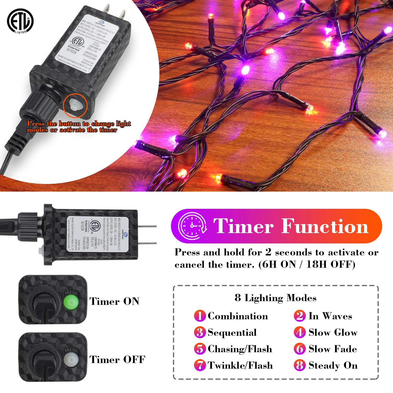 MGYIF Halloween String Lights, 200 LED, Purple and Orange, Waterproof, 8 Modes, Timer, Model CX-36V-5000LHWW