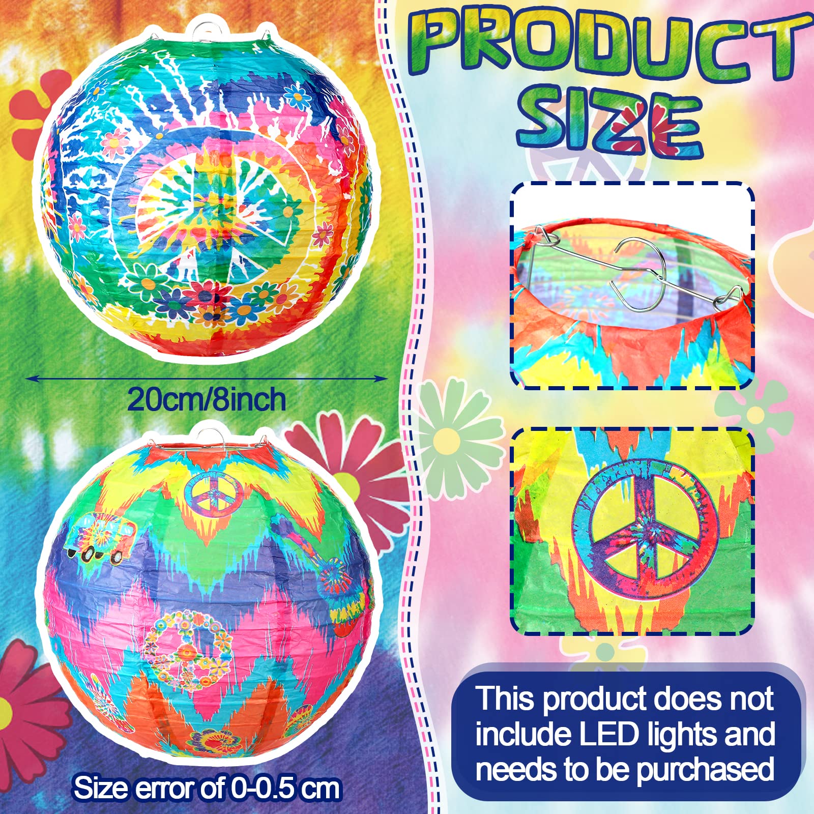 Frienda 6 Pcs Hippie Paper Lanterns, Tie Dyed, Retro Flower & Peace Sign, Decorative for 1960s Party, Metal, Hippie Style
