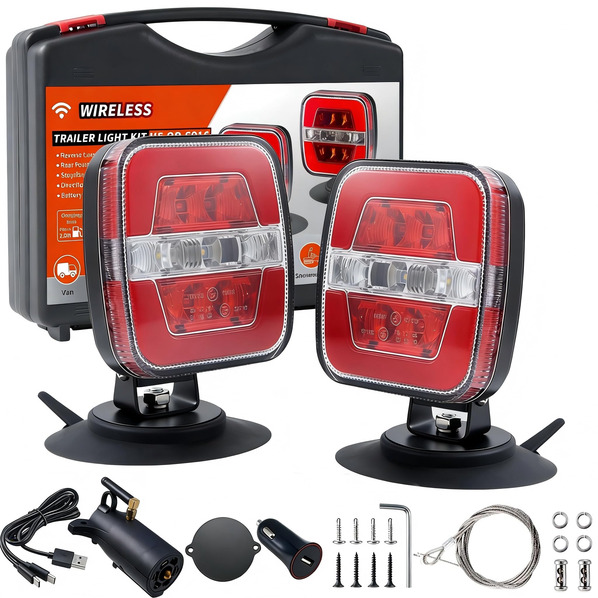 Kedite Wireless Trailer Lights Kit  Portable Magnetic LED Trailer Light  Rechargeable LED Tow Light IP67 Waterproof with 7-Pin Plug Dual USB Cable Charger for Trucks Boat RV(2PCS)