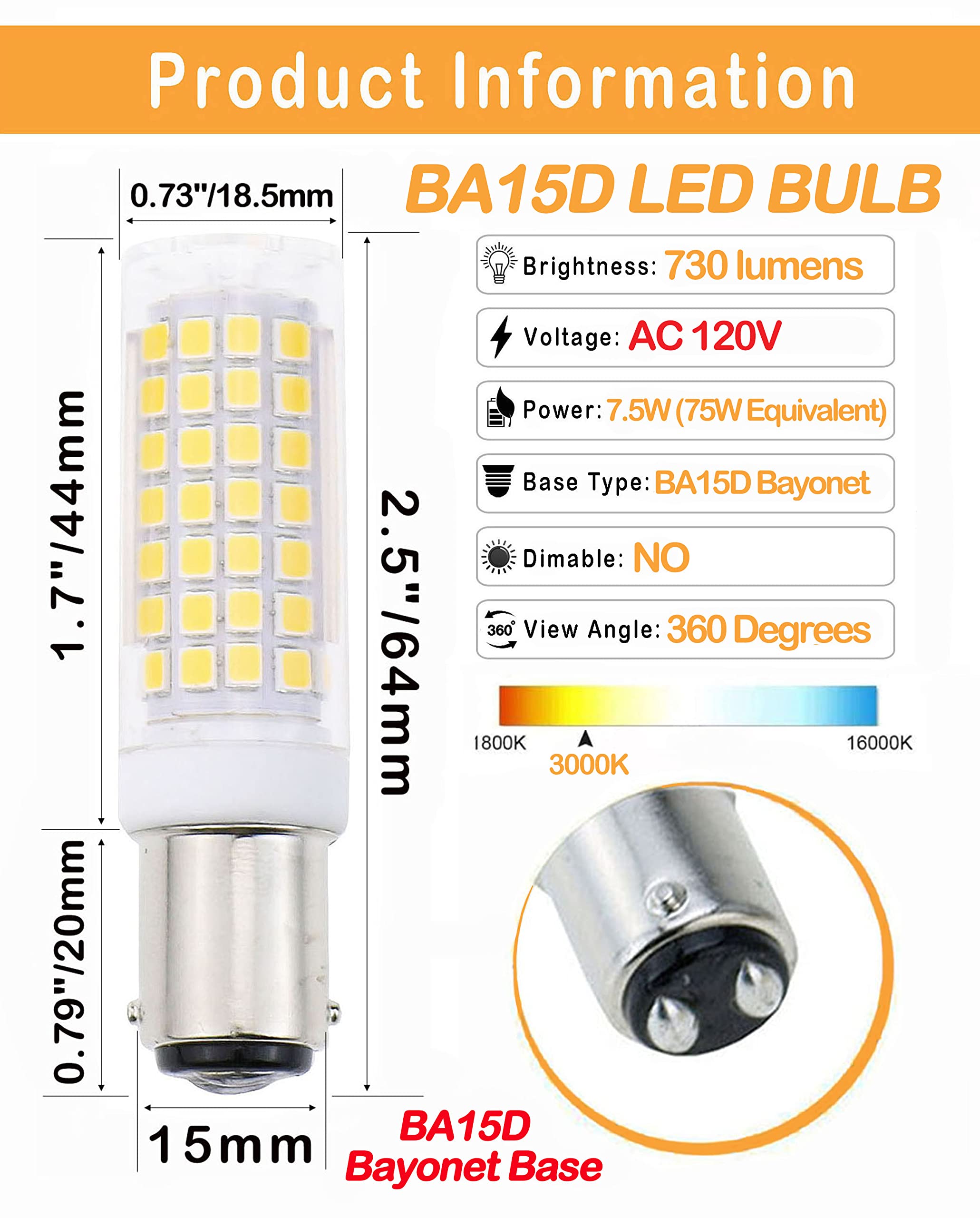 Lamsky BA15D LED Light Bulb 7.5W, B15 Bayonet Base, Warm White 3000K, 2-Pack