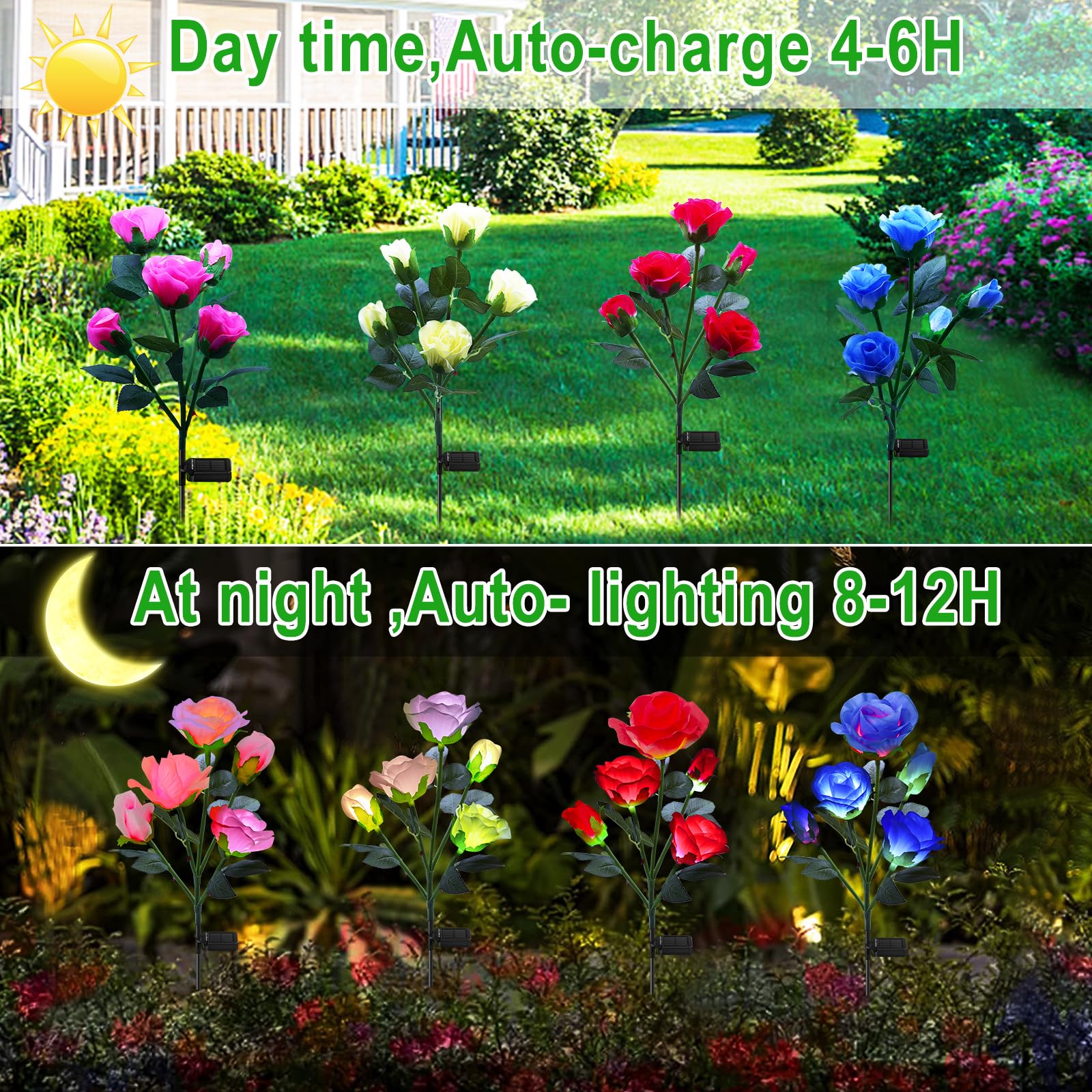 Angmln 4 Pack Solar Garden Lights, Solar Flower Lights Outdoor Waterproof With 20 Head Rose 7-Color Changing Landscape Lights Fo