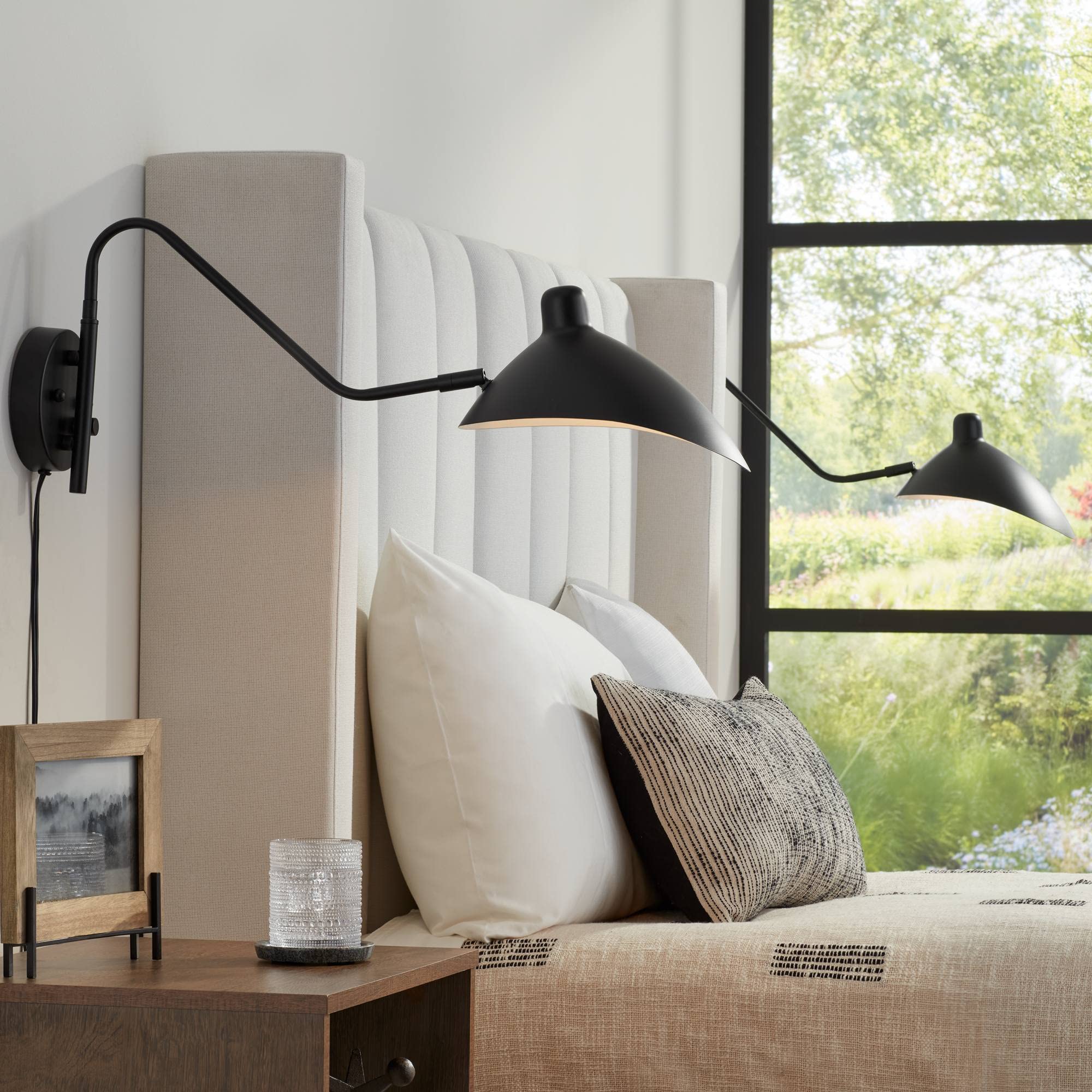 360 Lighting Colborne Modern Swing Arm Wall Lamps Set of 2 Black Plug-in Light Fixture Up Down Swivel Metal Shade for Bedroom Be