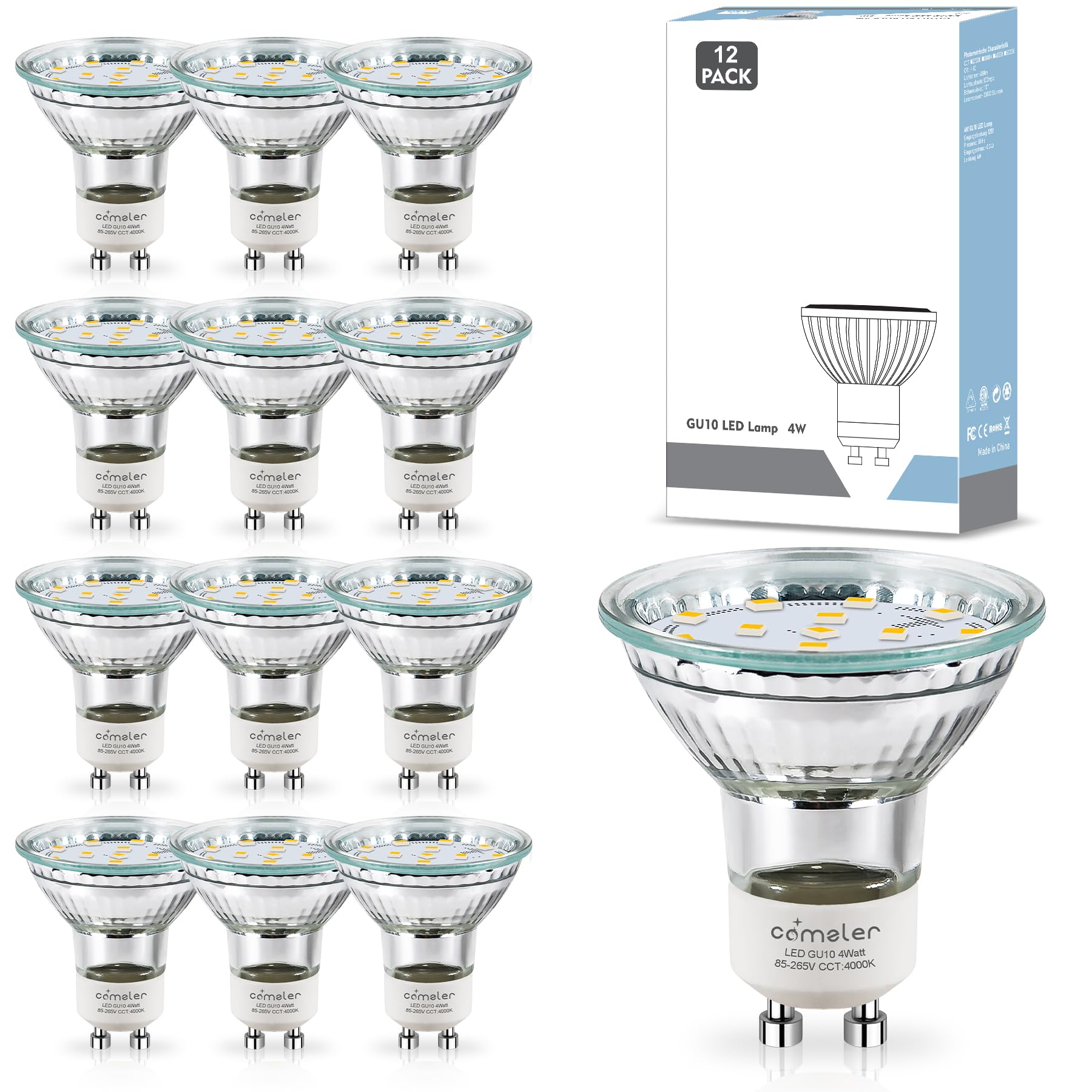 comzler GU10 LED Bulb 4W Dimmable 4000K Natural Daylight 120° Beam Angle ETL Listed 12 Pack Model CZ-GU10-40K-