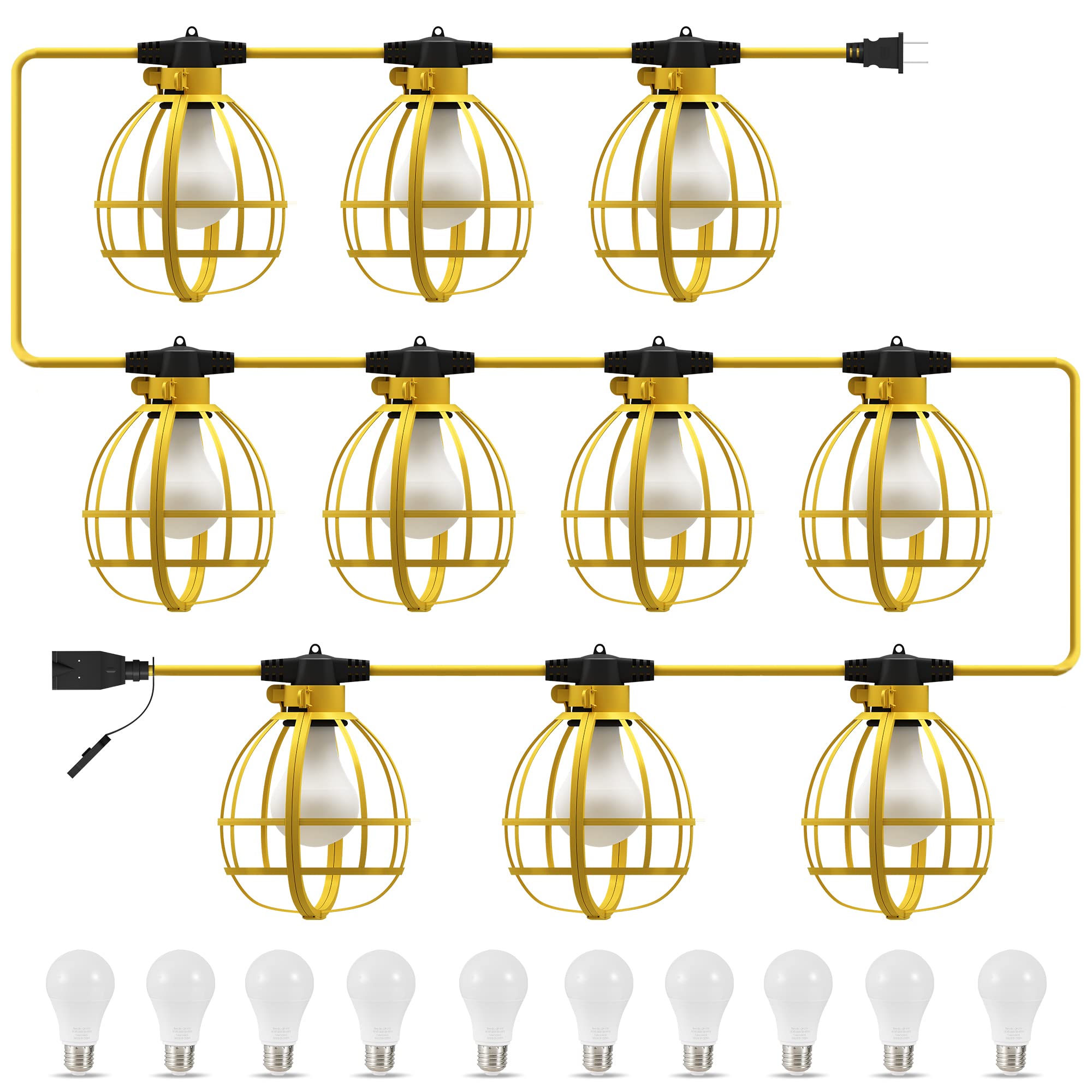 Lediary 100Ft Construction String Lights, 10 Bulbs 100W 10500Lm String Work Lights With 10 Medium Base Sockets, Linkable Jobsite Lights, Weatherproof Temporary Lighting Indoor&Outdoor