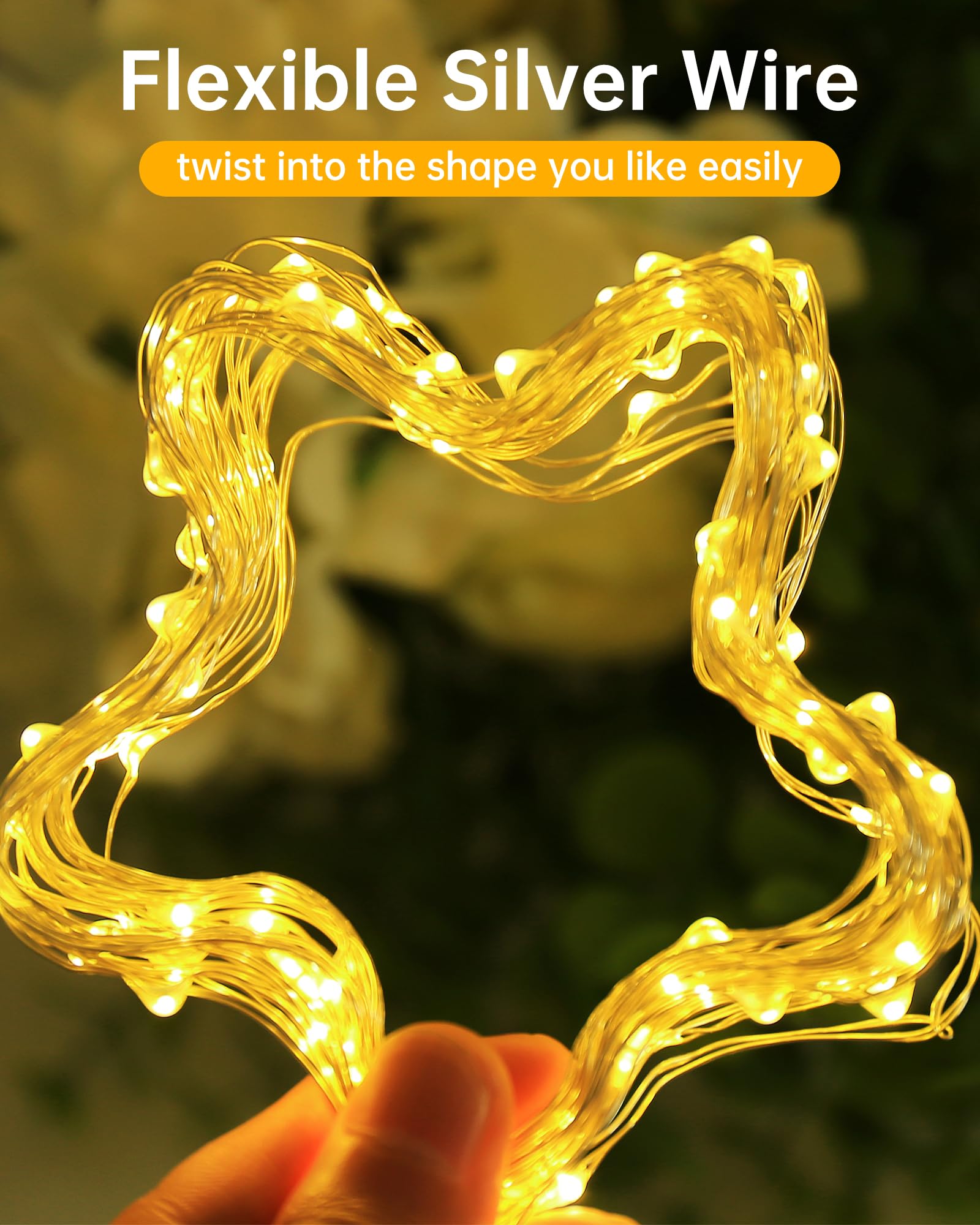 Blingstar USB Fairy Lights, 33Ft 100 LED Warm White Flexible Silver Wire String Lights for Christmas, Bedroom, Camping, Holiday Decor