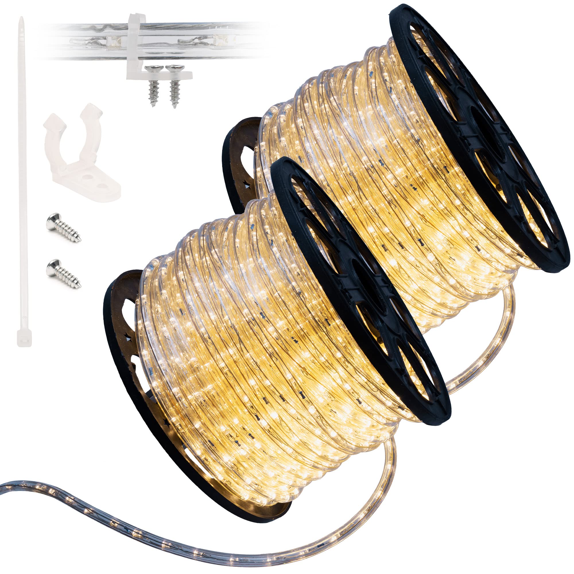 Wyzworks 3312Leds, 300Ft Led Warm White Rope Light, Connectable Outdoor Permanent Waterproof Accent Exterior Lighting, Flexible Clear Pvc, Etl Certified, Holiday, Backyard Patio, Home, Décor