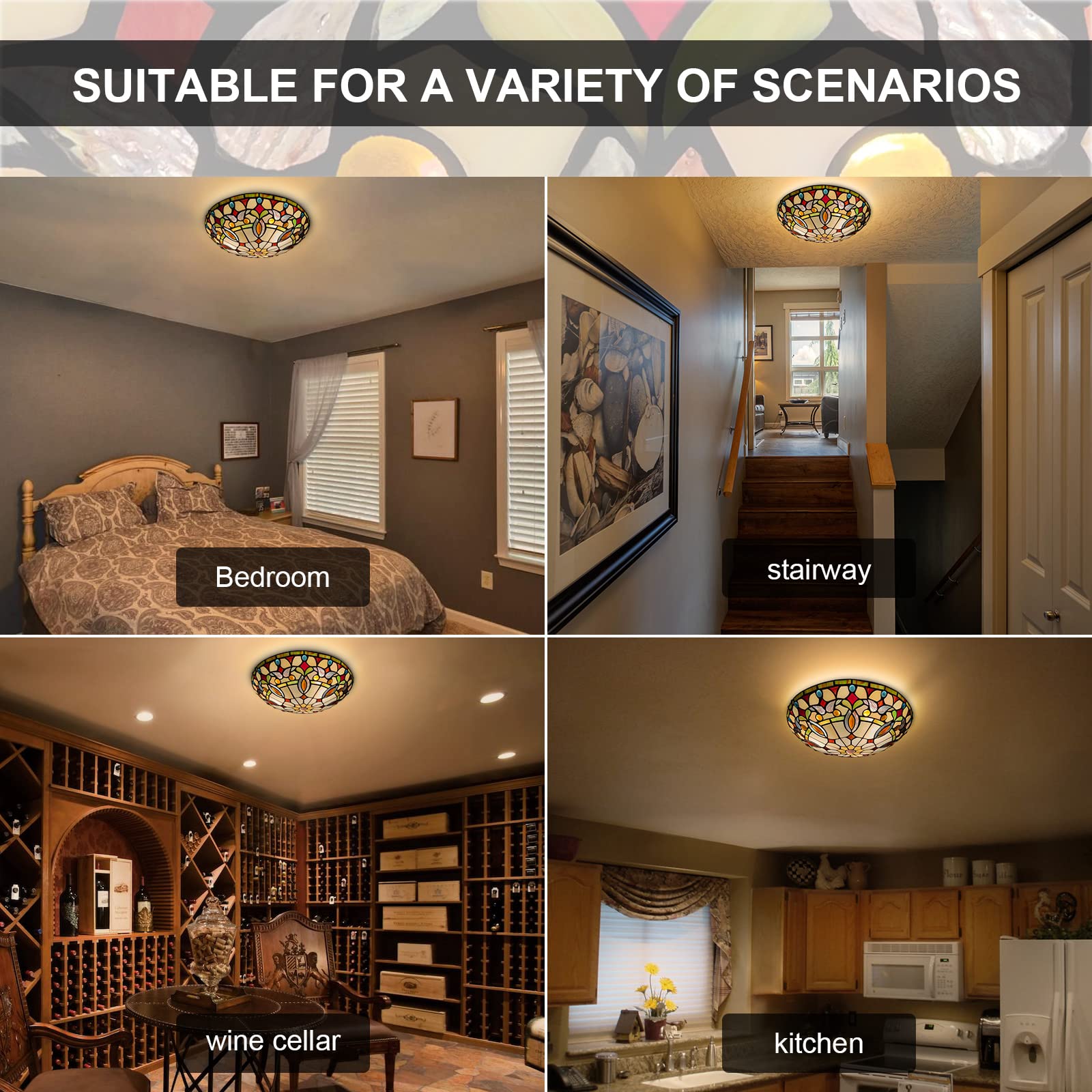 Artzone Tiffany Ceiling Light, 3-Lights Stained Glass Flush Mount, 16 Inch, Brown Cream, Model Ar164339Sf