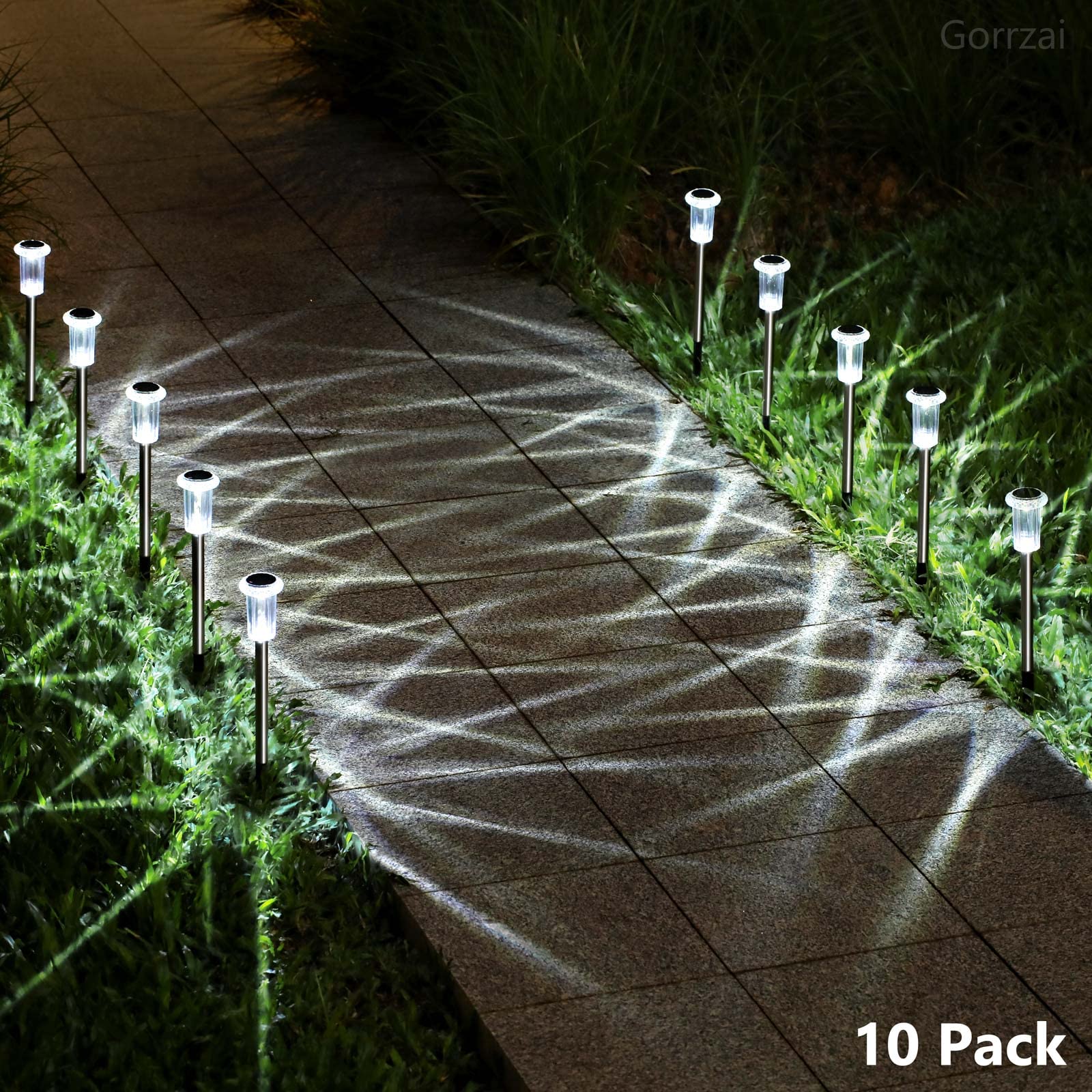 Gorrzai 10 Pack Solar Pathway Lights - Stainless Steel Led Outdoor Lighting, Cold White