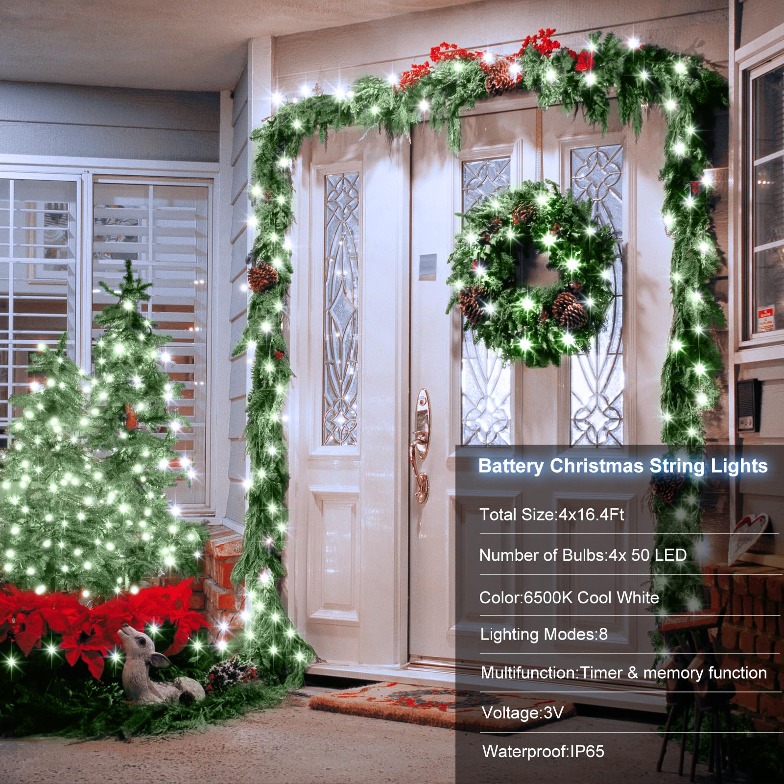 4 Pack Battery Operated Christmas Tree Lights,16.5 Ft Battery Powered String Lights With Auto Timer 8 Modes,50 Led Wreath String Lights For Indoor Outdoor Xmas Tree Party Decoration(Cool White )
