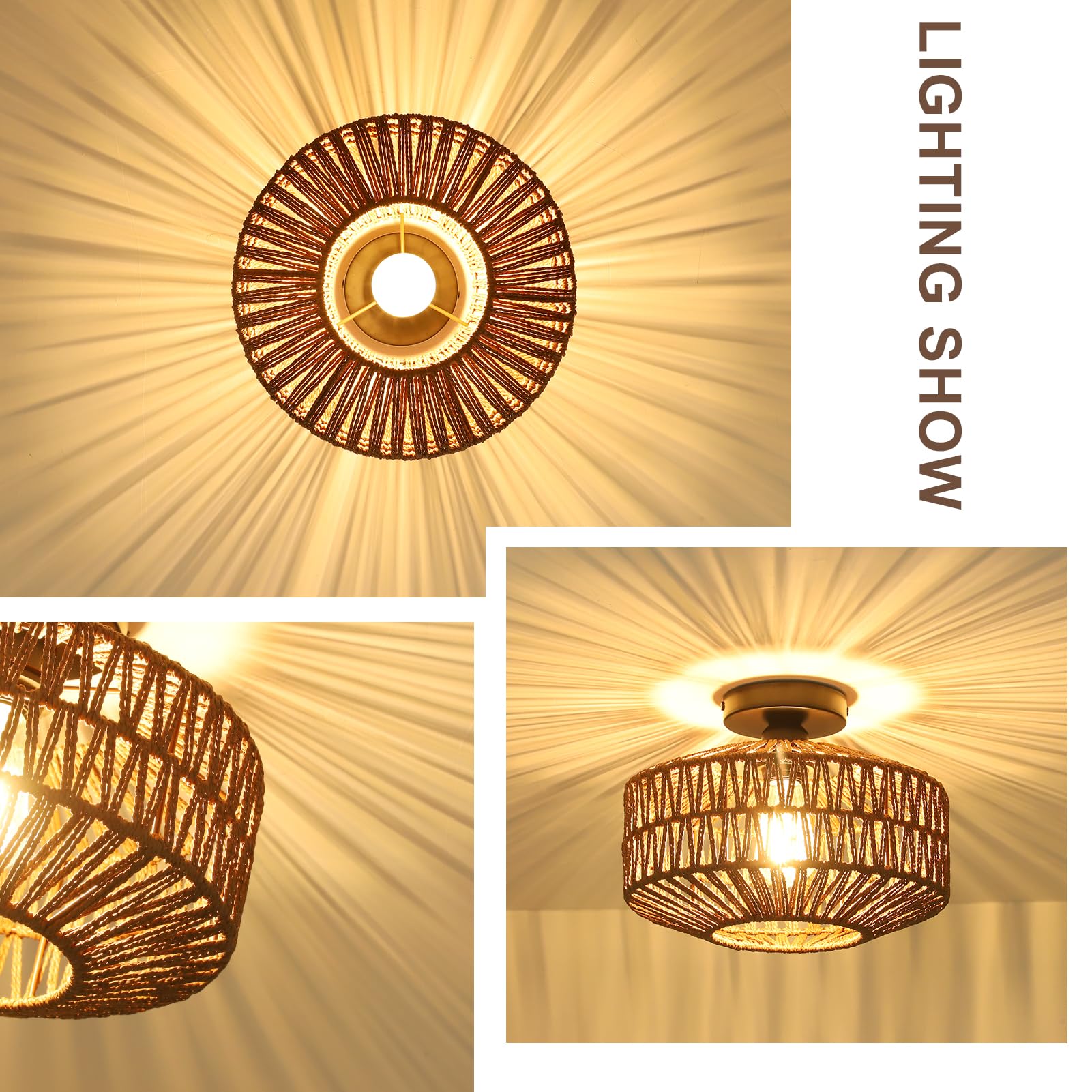 Jobtical Boho Rattan Light Fixtures Ceiling Mount,Ceiling Light Fixtures With Dimmable Led Bulb,Hand Woven Rattan Chandelier Lig