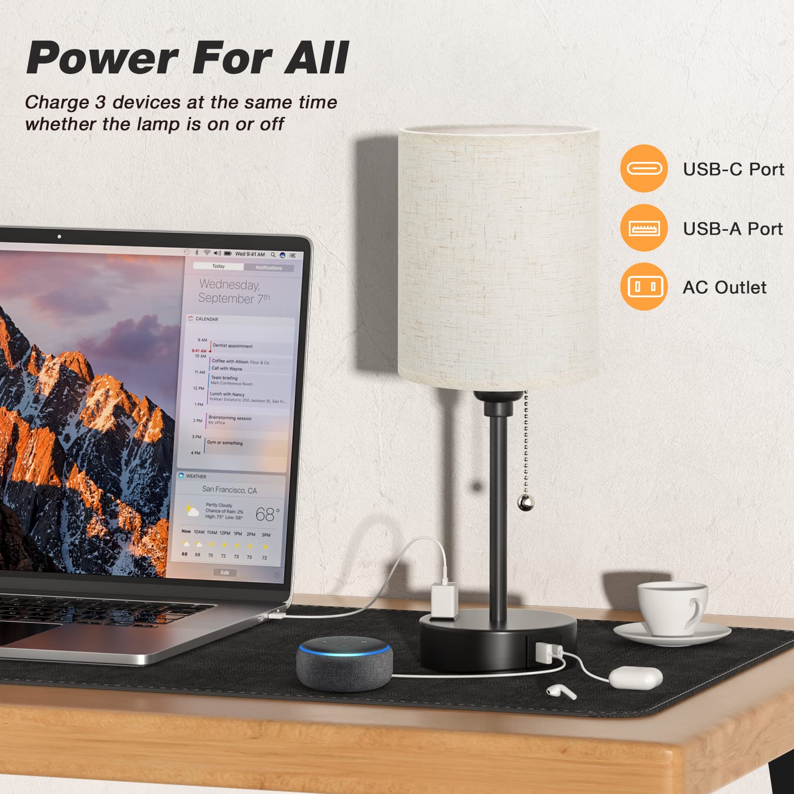 Small Bedside Lamp With 3 Color Modes - Off White 2700K 3500K 5000K Bedroom Light With Usb C And A Ports, Pull Chain, Ac Outlet,