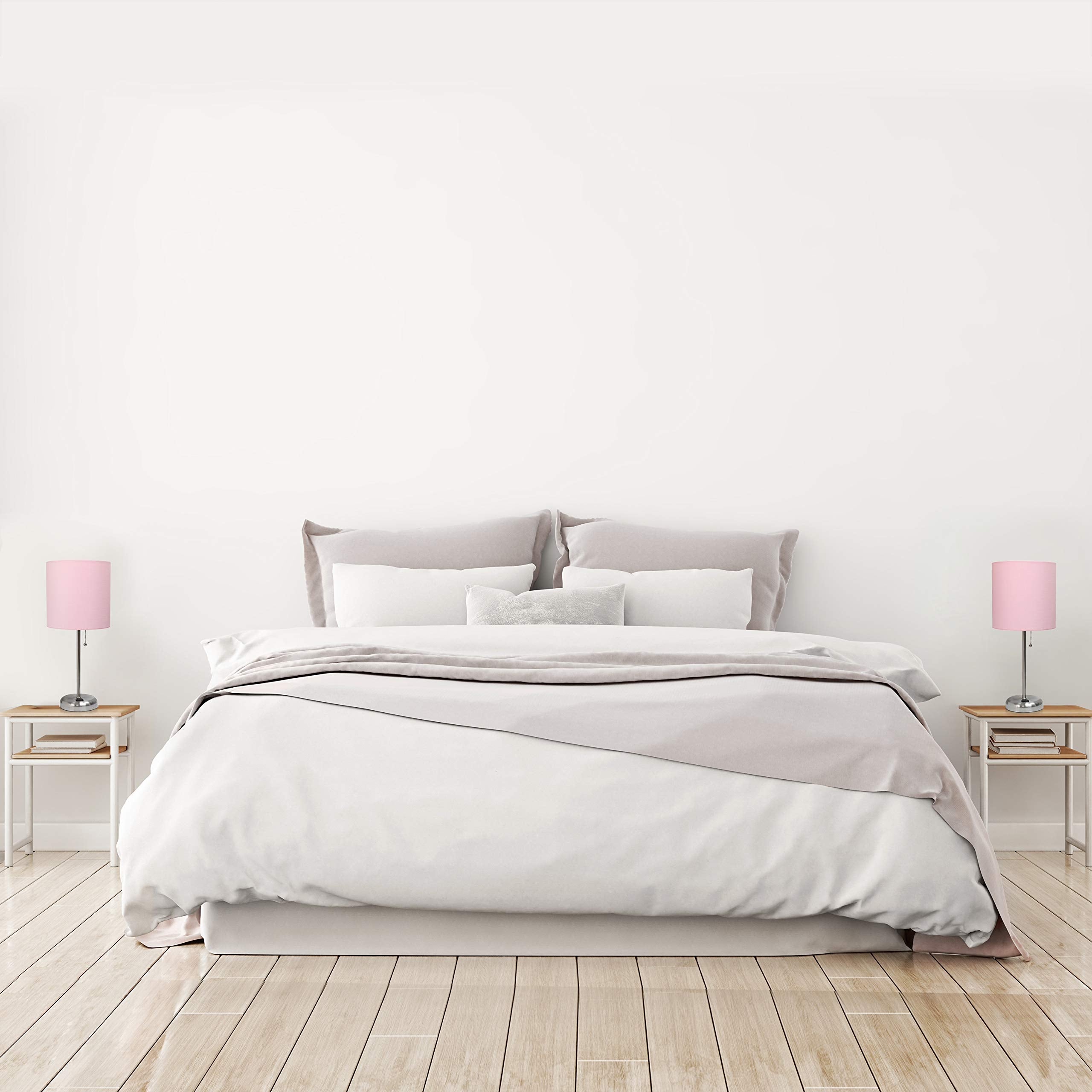 Simple Designs Lc2002-Lpk-2Pk Brushed Steel Stick Table Lamp Set With Usb Charging Port And Light Pink Fabric Shades, 2 Pack Set