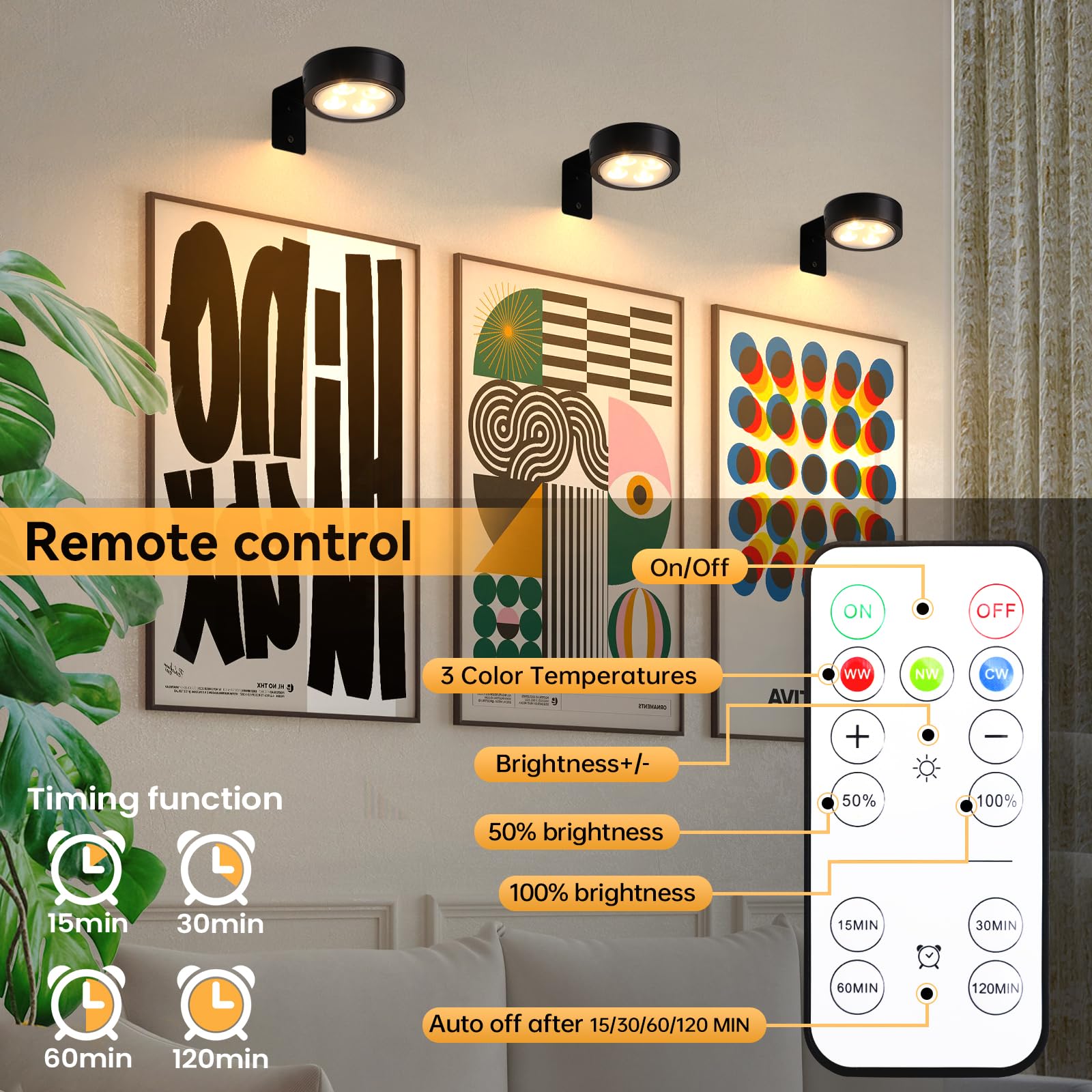 KELUOLY Picture Light 4-Pack, Battery Operated, Dimmable with Remote, Art Display Light, Black, Model XY-BQ3S-4H