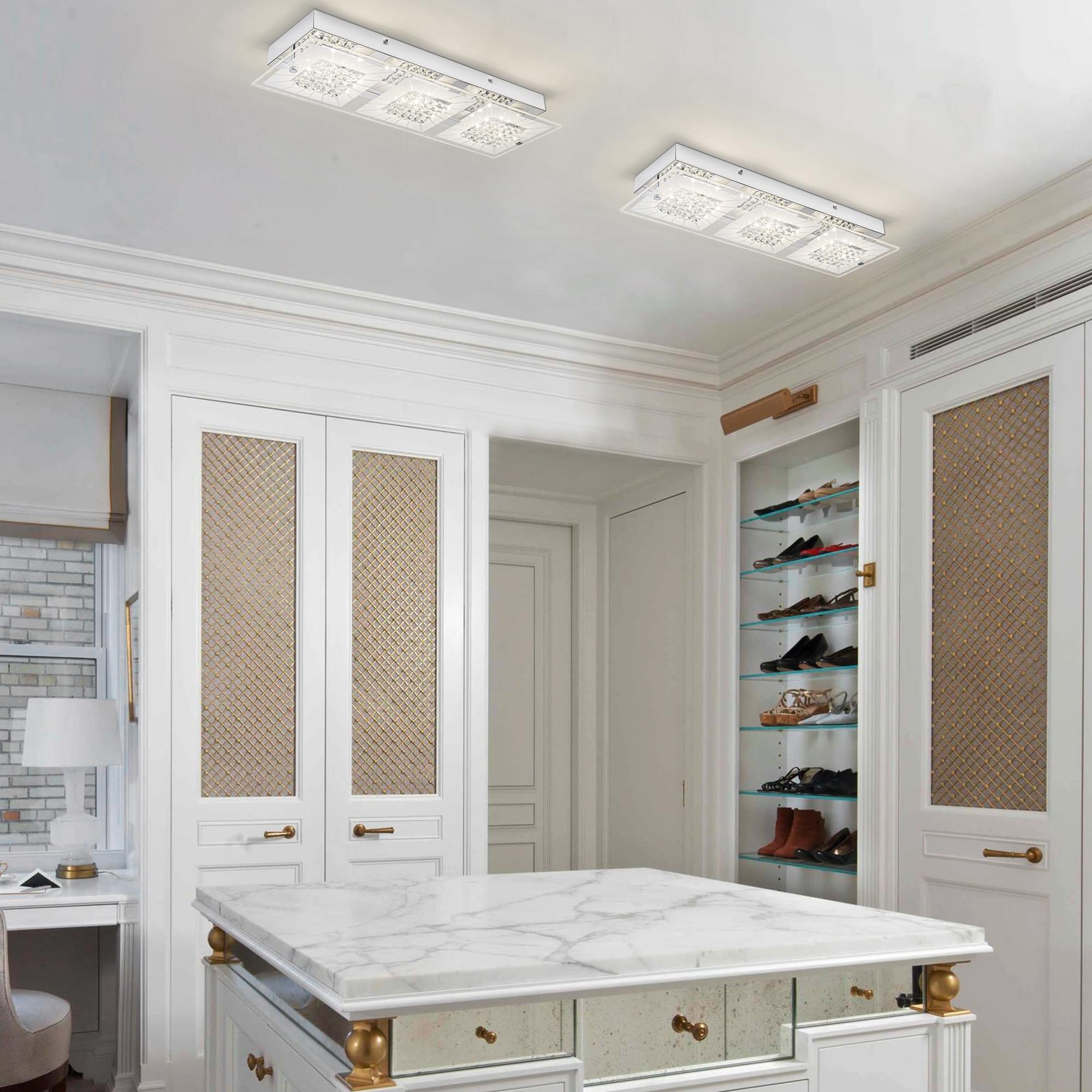 Lzawvm 18&quot; Dimmable Led Crystal Flush Mount Ceiling Light 4000K For Kitchen & Bathroom